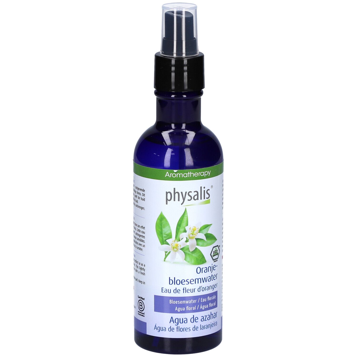 Blaue Flasche mit Zerstäuber. Aufschrift: Physalis, Orangenblütenwasser. Aromatherapie. Mit Blüten- und Blattillustrationen.