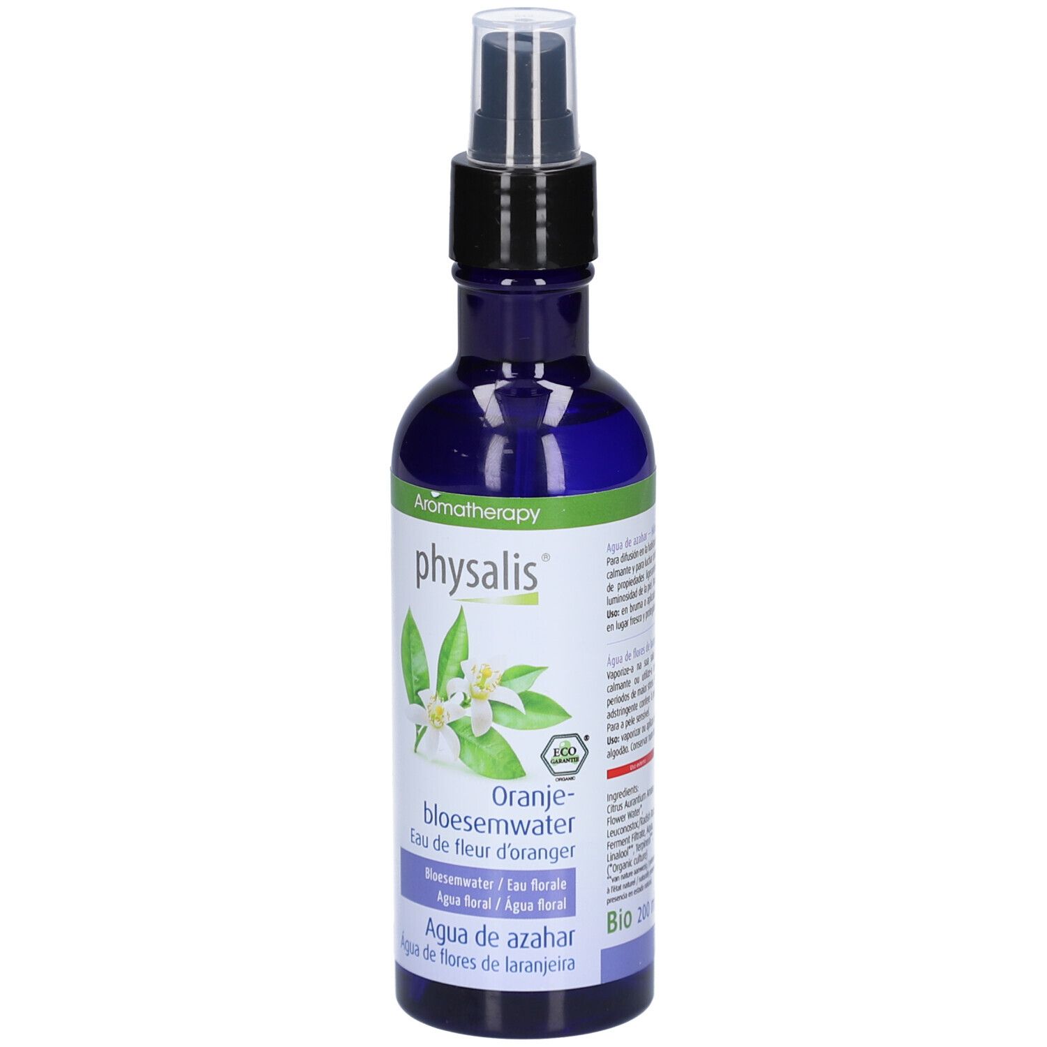 Blaue Flasche mit Zerstäuber. Aufschrift: Physalis, Orangenblütenwasser. Aromatherapie. Mit Blüten- und Blattillustrationen.