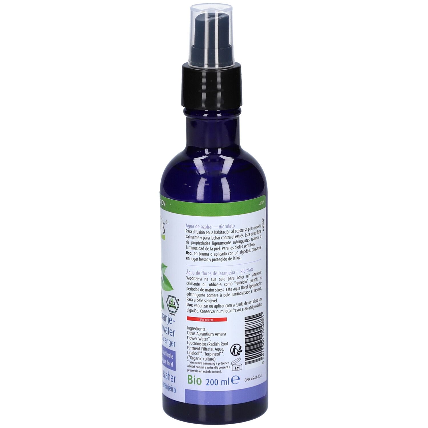 Rückseite der blauen Flasche mit Text und Barcode. Aufschrift: physalis, Oranjebloesemwater. Mit Bio-Siegel.