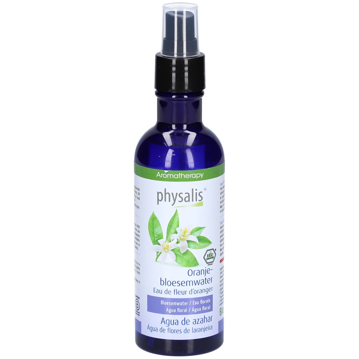 Blaue Flasche mit Zerstäuber. Aufschrift: Physalis, Orangenblütenwasser. Aromatherapie. Mit Blüten- und Blattillustrationen.