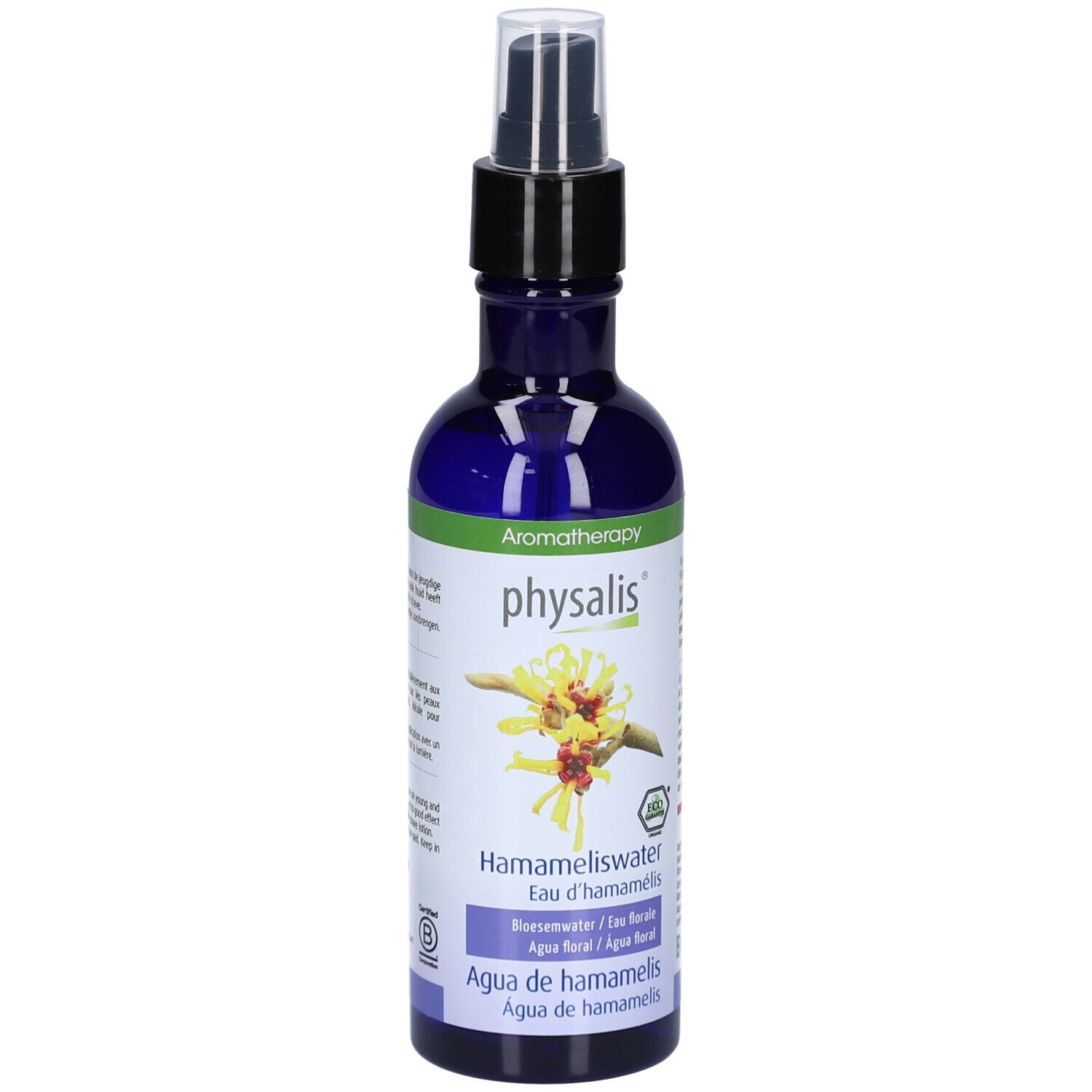 Blaues Glasfläschchen mit Sprühkopf. Aufschrift: physalis, Hamameliswater, Eau d'hamamélis. Mit floraler Abbildung und Bio-Siegel.