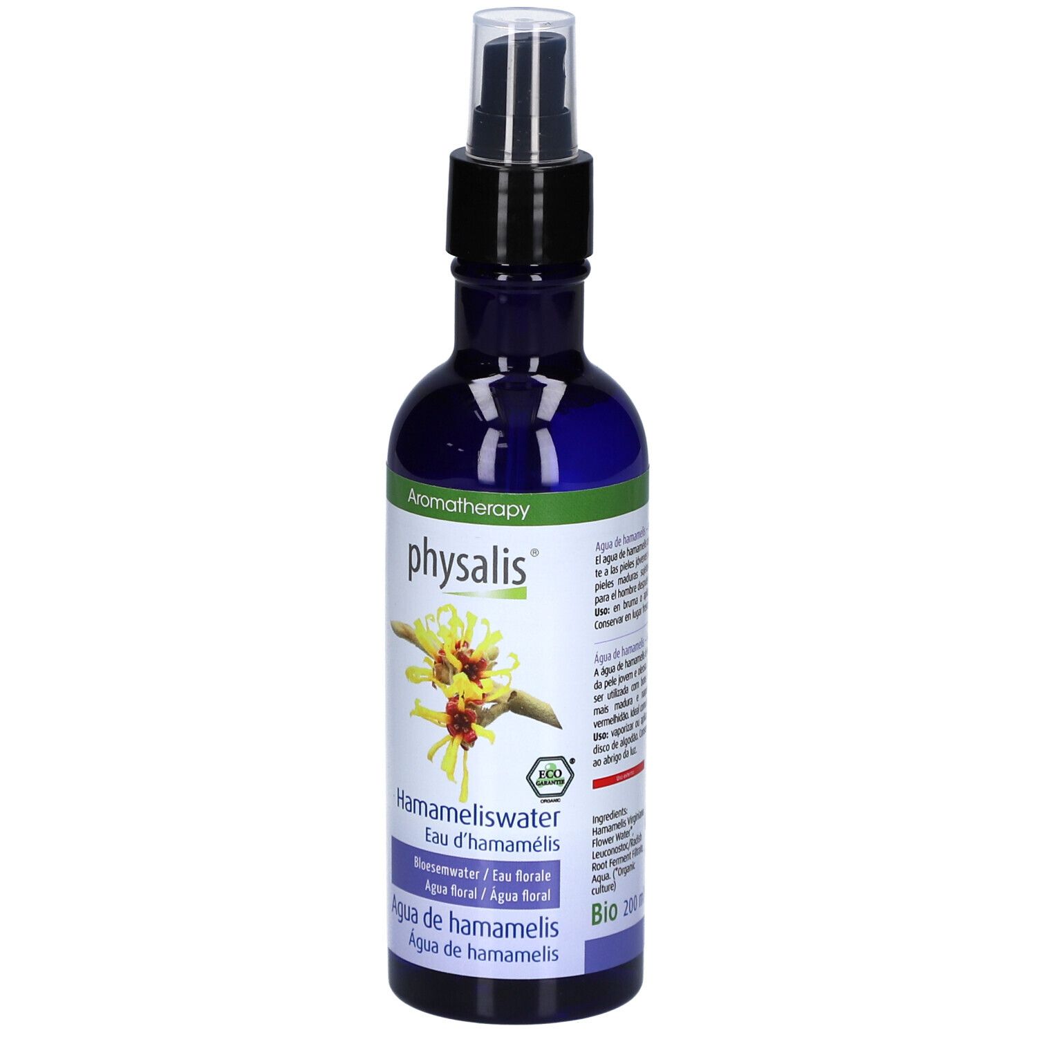 Blaues Glasfläschchen mit Sprühkopf. Aufschrift: physalis, Hamameliswater, Eau d'hamamélis. Mit floraler Abbildung und Bio-Siegel.