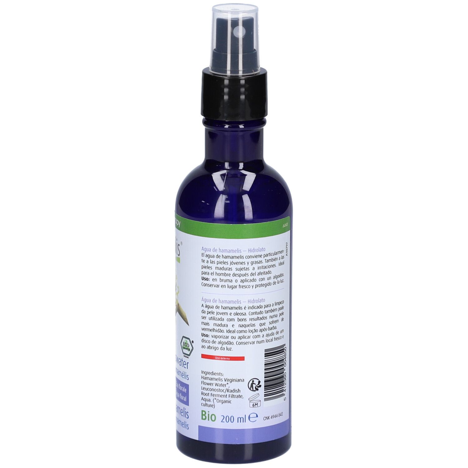 Blaues Glasfläschchen mit Sprühkopf. Aufschrift: physalis, Hamameliswater, Eau d'hamamélis. Mit floraler Abbildung, Bio-Siegel und Volumenangabe.