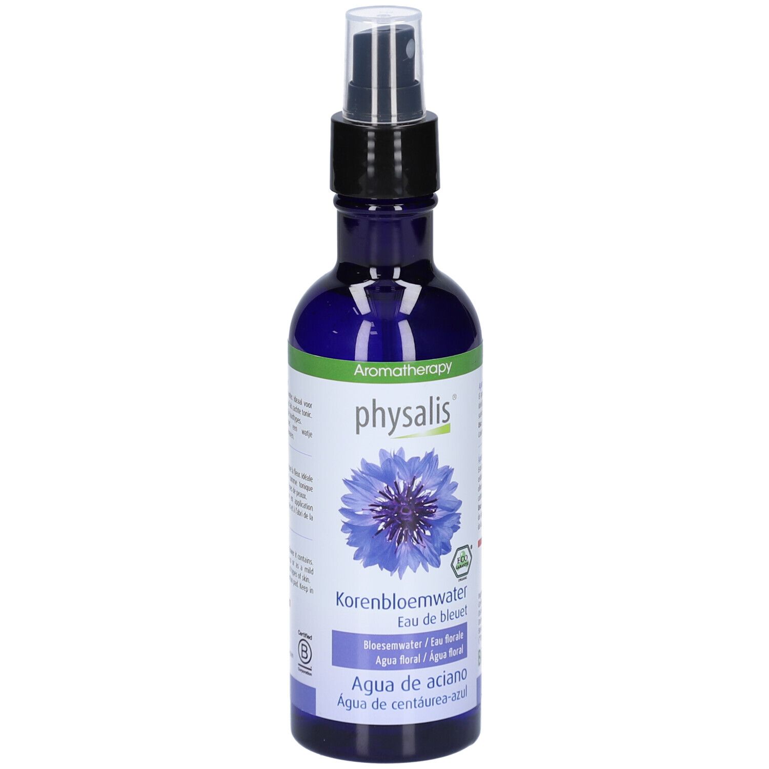 Blau-violette Sprühflasche mit schwarzem Sprühkopf. Aufschrift: physalis, Kornblumenwasser, Eau de bleuet. Mit Kornblumen-Illustration.
