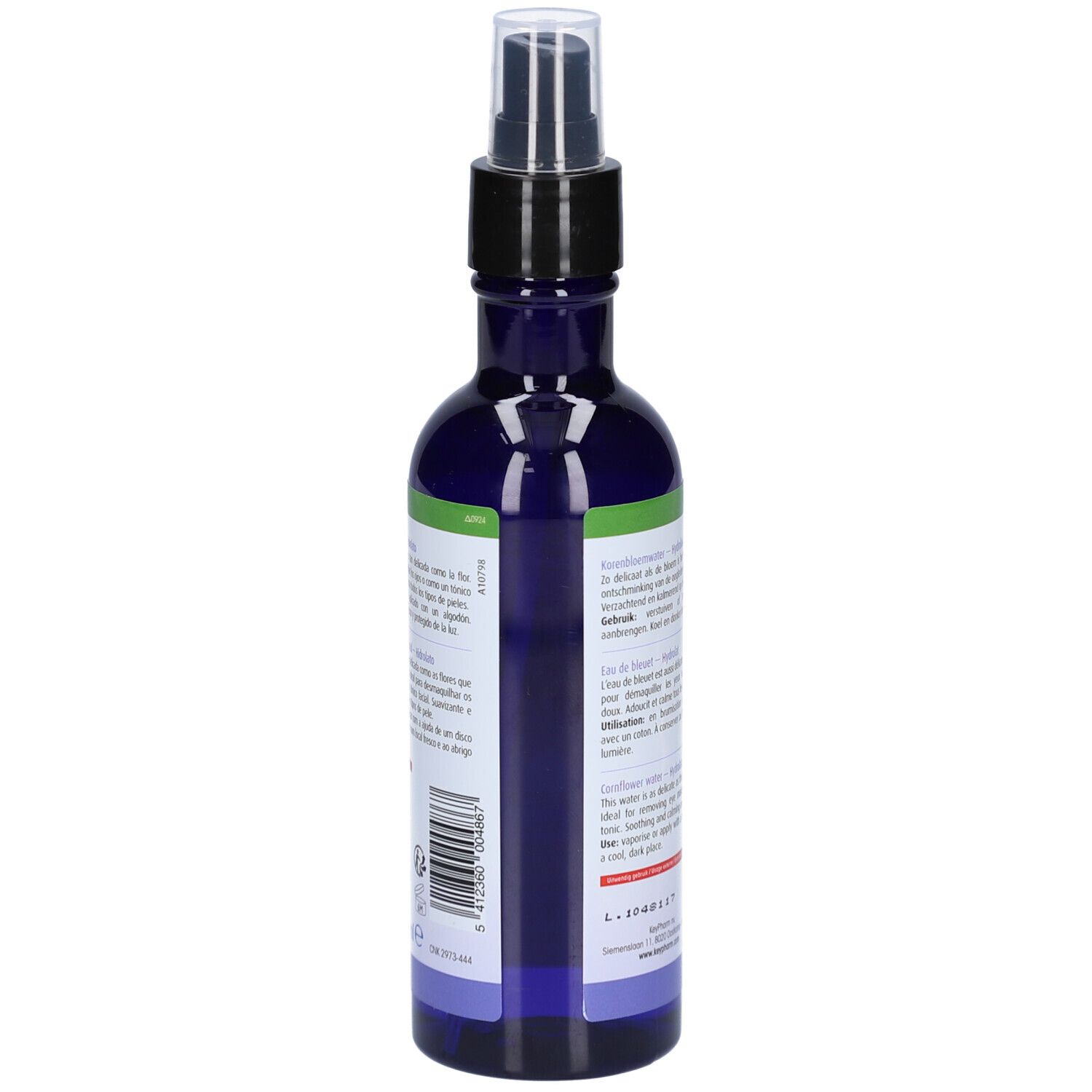 Rückseite der Flasche. Text in mehreren Sprachen. Mit Bio-Zertifizierung und Barcode.