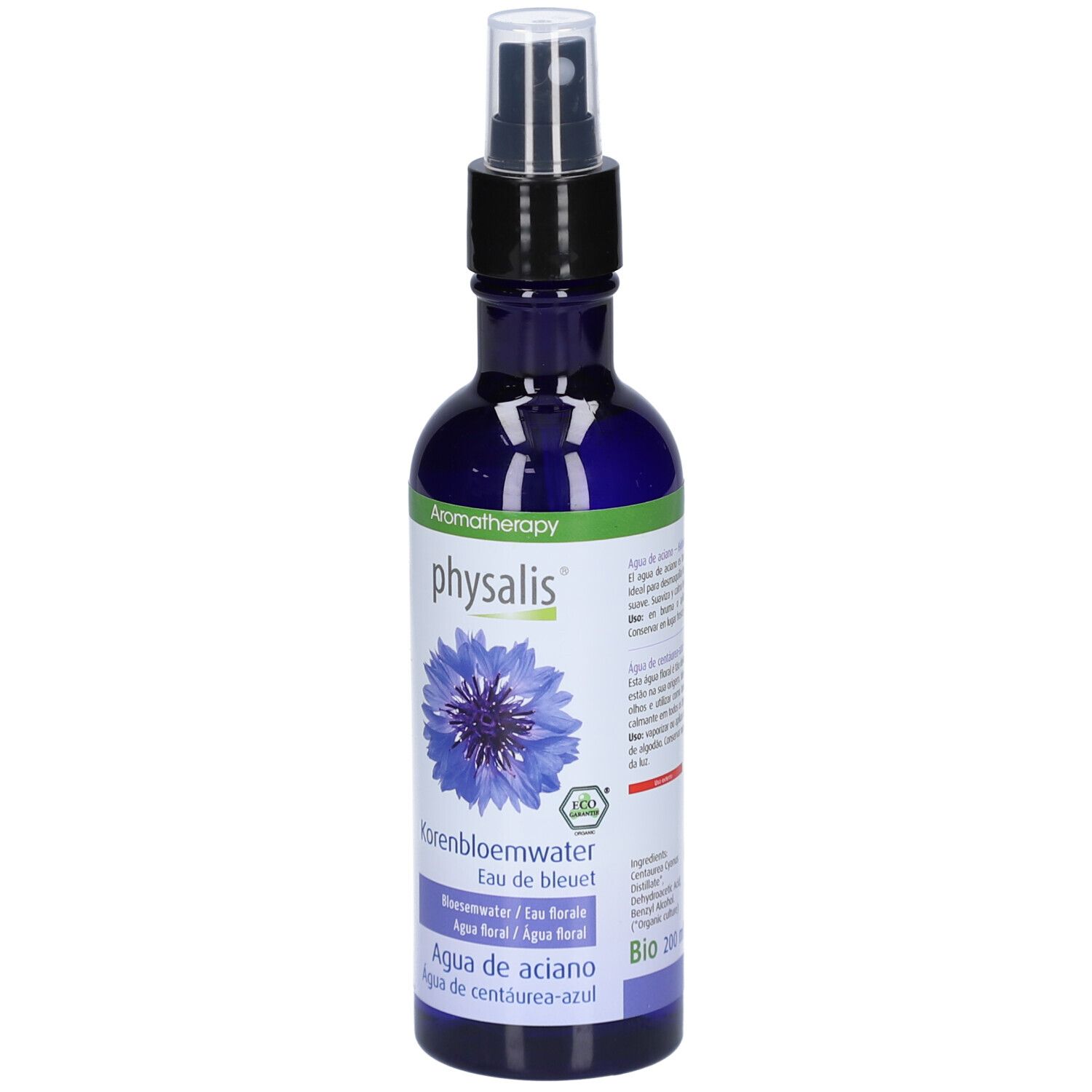 Blau-violette Sprühflasche mit schwarzem Sprühkopf. Aufschrift: physalis, Kornblumenwasser, Eau de bleuet. Mit Kornblumen-Illustration.
