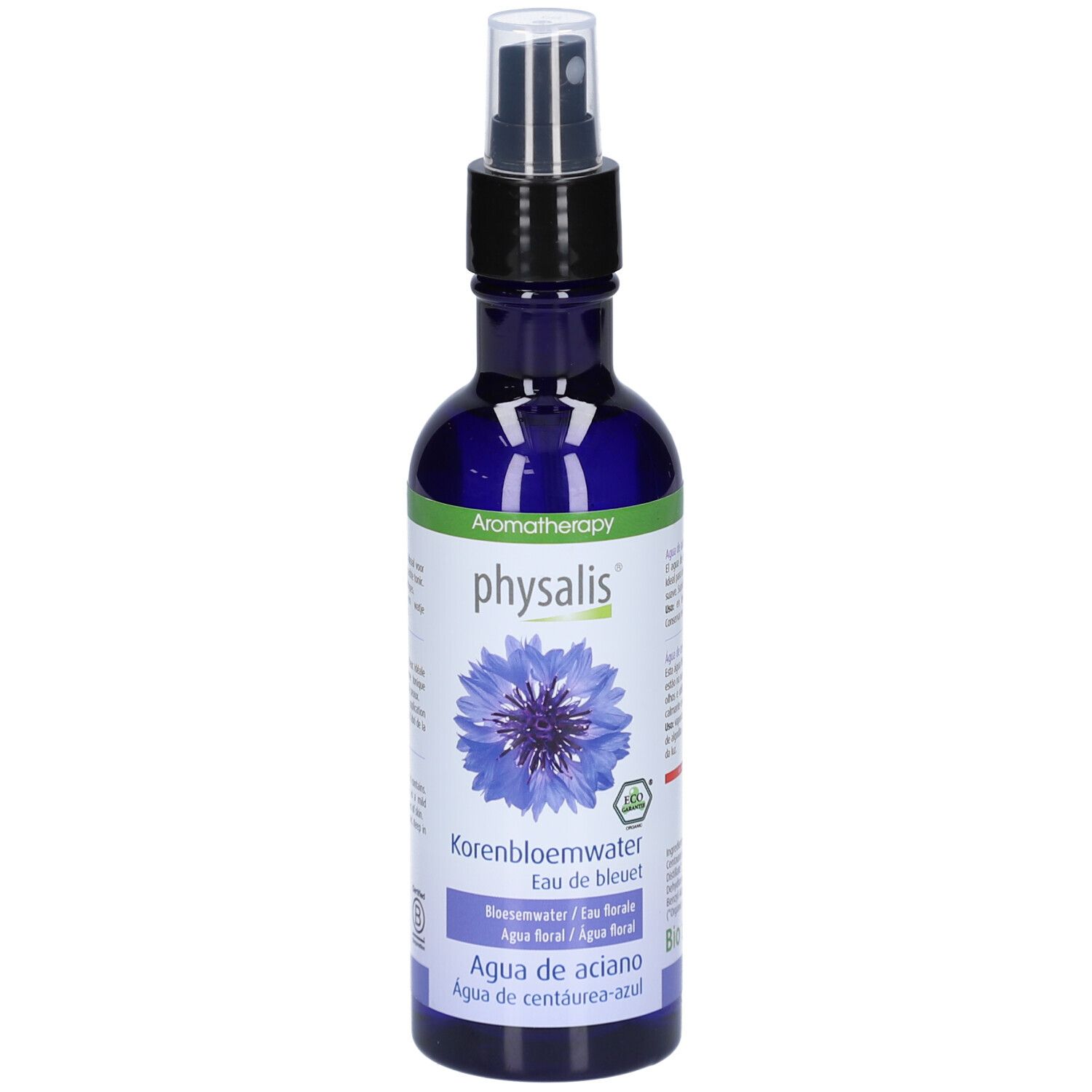 Blau-violette Sprühflasche mit schwarzem Sprühkopf. Aufschrift: physalis, Kornblumenwasser, Eau de bleuet. Mit Kornblumen-Illustration.