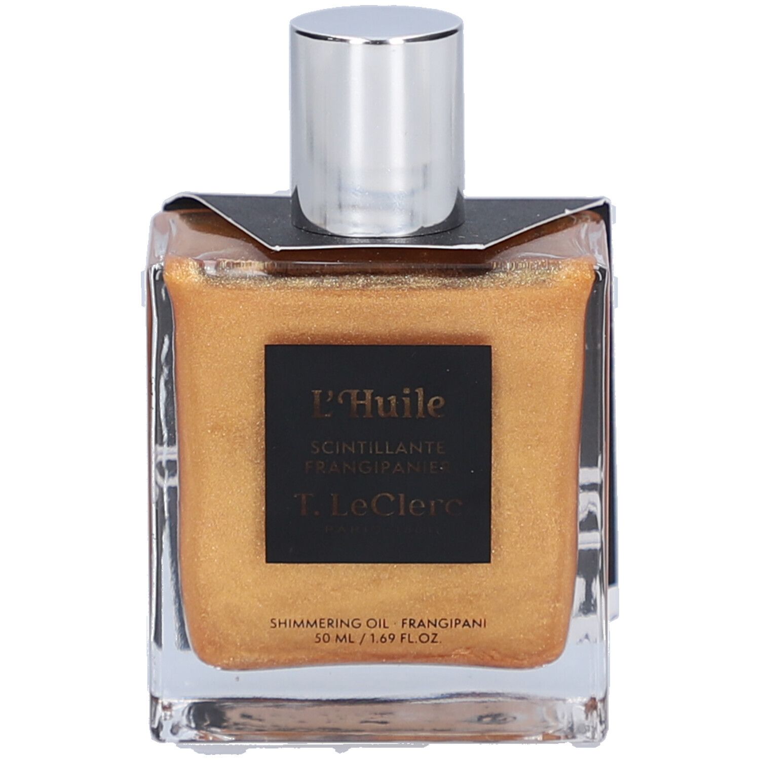 Quadratische Glasflasche mit silbernem Verschluss. Schwarzes Etikett mit Text: L'Huile Scintillante Frangipanier, T. LeClerc. Goldfarbenes Öl.