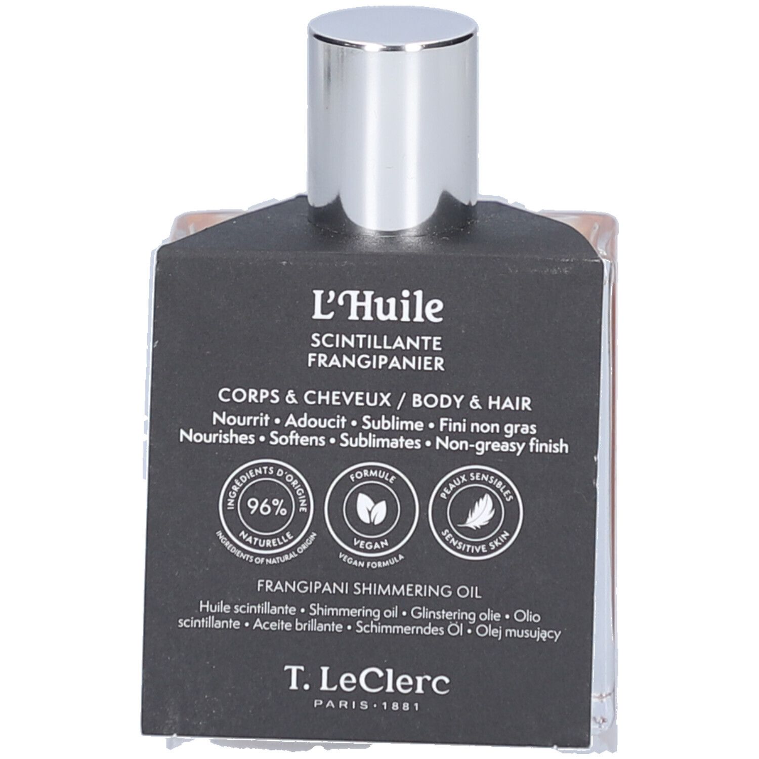Schwarzes Etikett mit Text: L'Huile Scintillante Frangipanier, Corps & Cheveux/Body & Hair. Vegan, für sensible Haut. T. LeClerc.