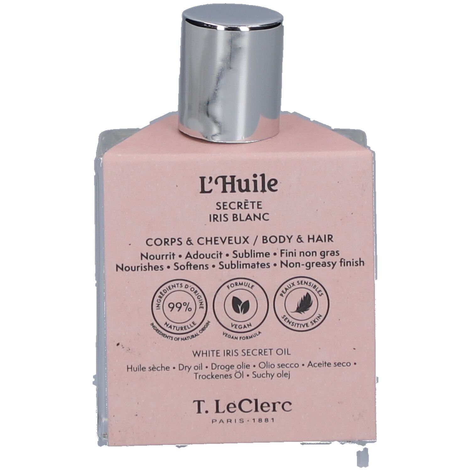 Glasflasche mit rosa Verpackung. Text: L'Huile Secrète Iris Blanc, T. LeClerc. Auf der Verpackung: 99% natürliche Inhaltsstoffe, vegan, für empfindliche Haut.