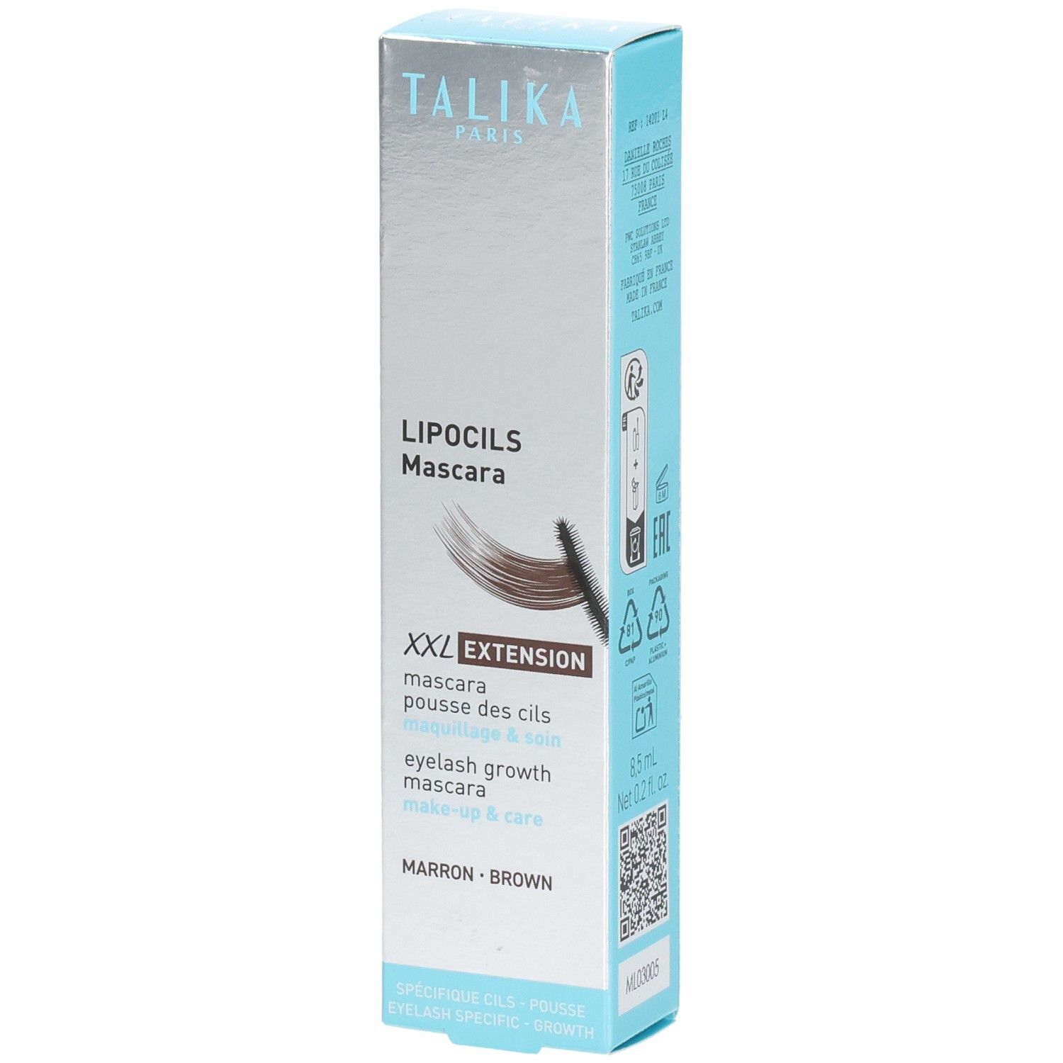 Talika Lipocils Mascara Extension Braun Verpackung mit Produktabbildung und Text.