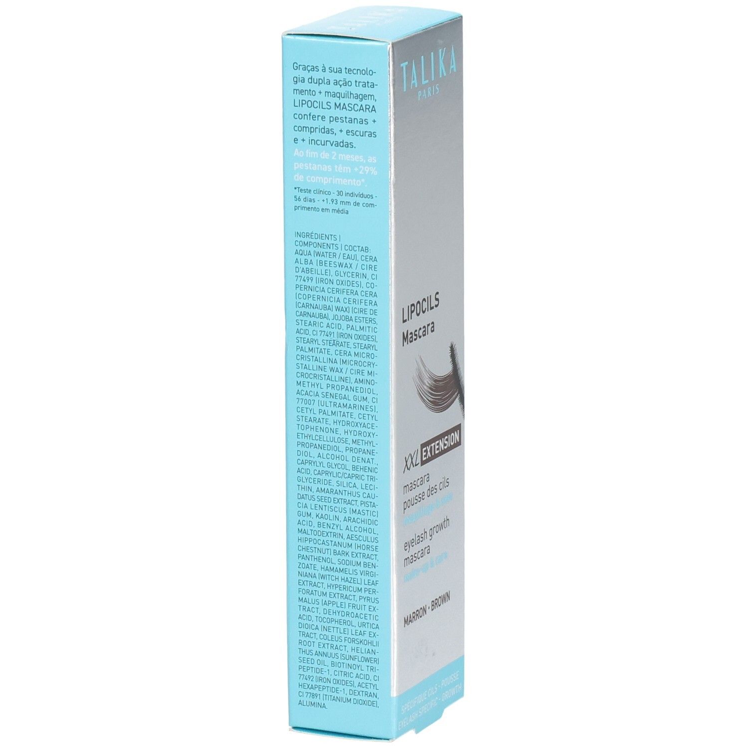 Rückseite der Talika Lipocils Mascara Extension Braun Verpackung mit Inhaltsstoffen und Text.