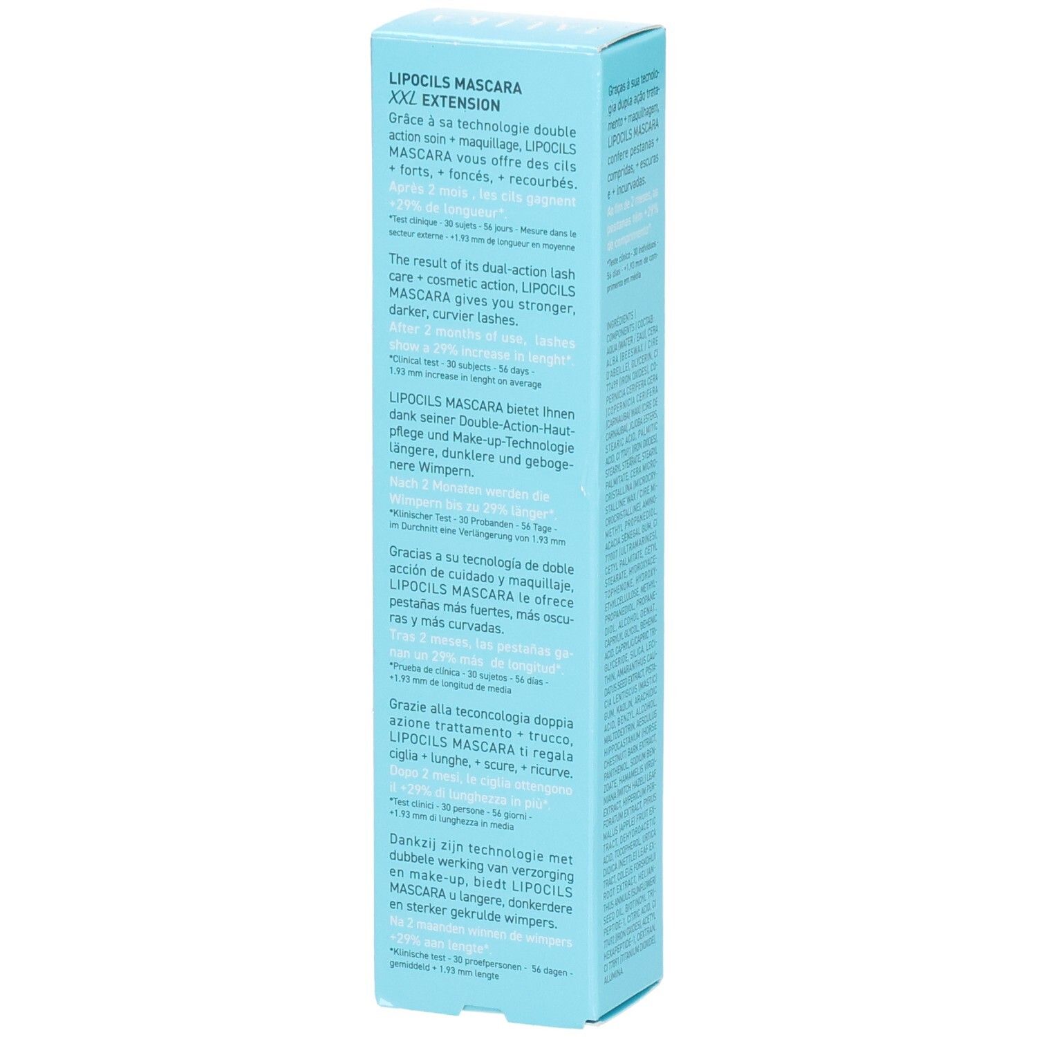 Seitenansicht der Talika Lipocils Mascara Extension Braun Verpackung mit mehrsprachigem Text.