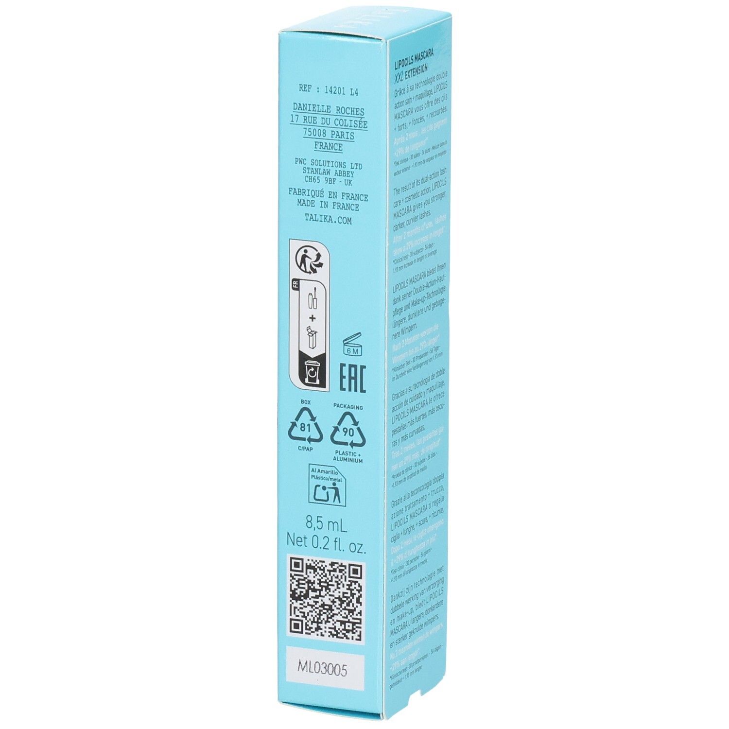 Seitenansicht der Talika Lipocils Mascara Extension Braun Verpackung mit Details und QR-Code.