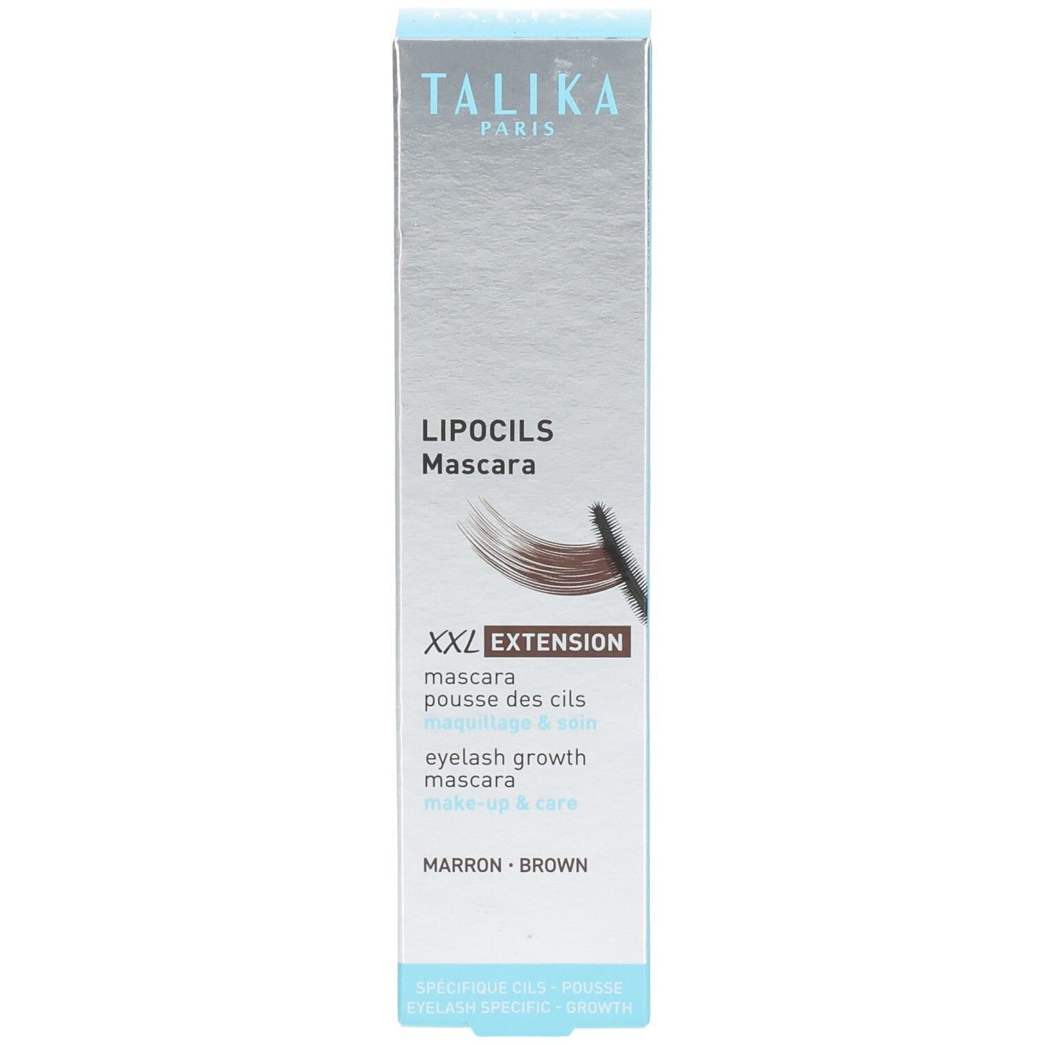 Vorderseite der Talika Lipocils Mascara Extension Braun Verpackung mit Produktabbildung.