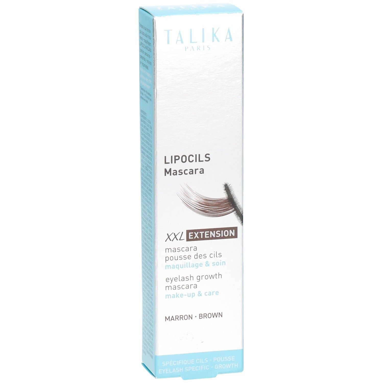 Vorderseite der Talika Lipocils Mascara Extension Braun Verpackung mit Produktabbildung.