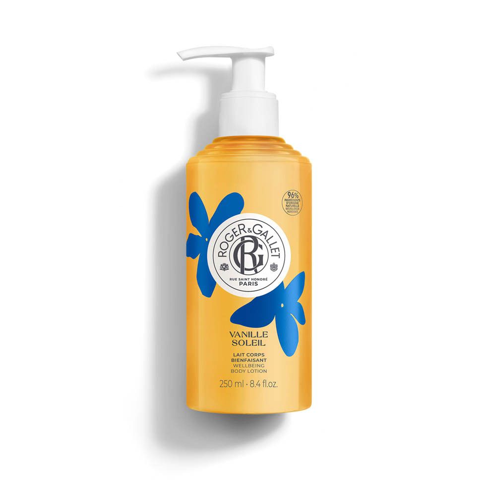 Flacon jaune avec pompe. Inscription: Roger&Gallet, Vanille Soleil, Lait Corps Bienfaisant. Fleurs bleues.