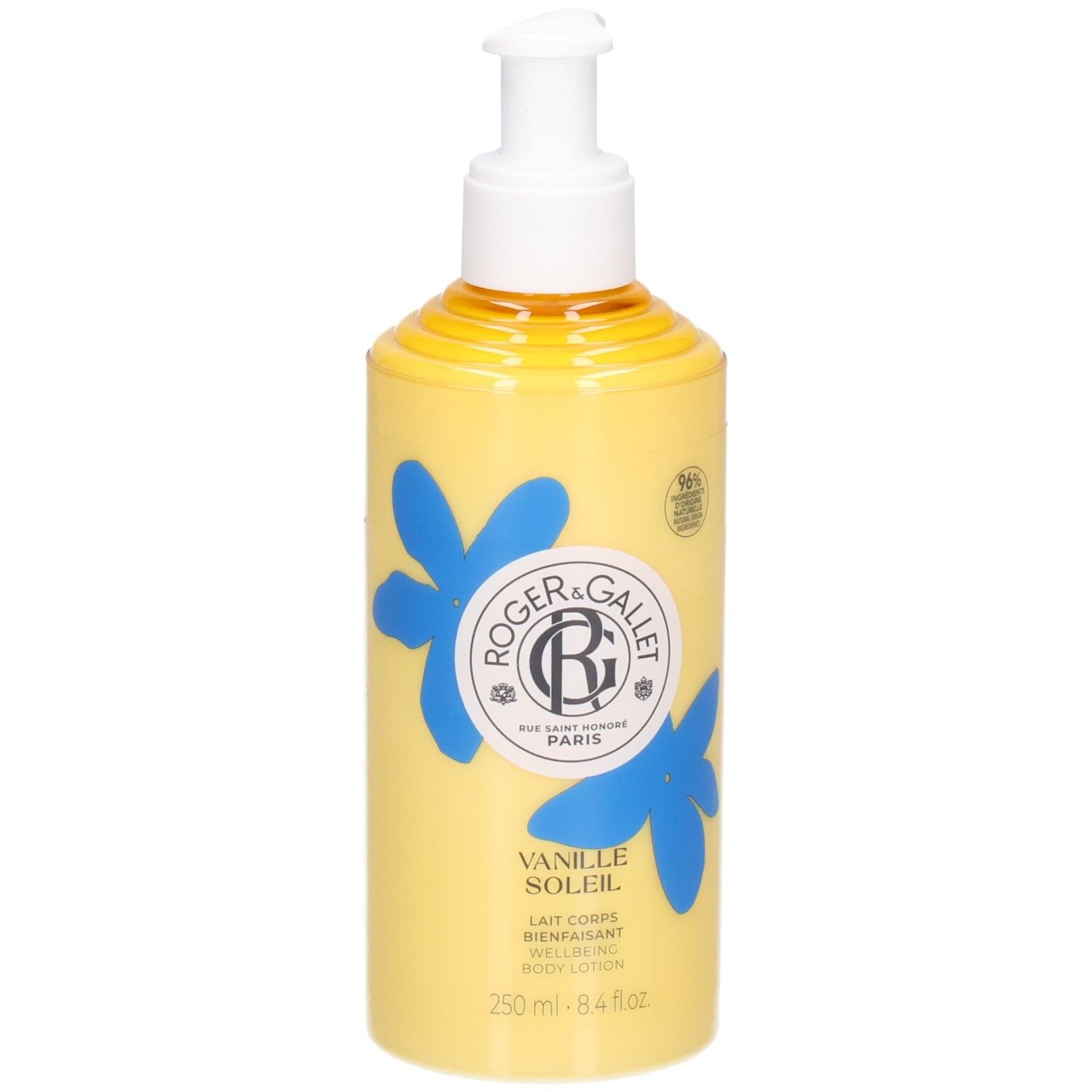 Gelbe Flasche mit Pumpe. Aufdruck: Roger&Gallet, Vanille Soleil, Lait Corps Bienfaisant. Blaue Blumen.