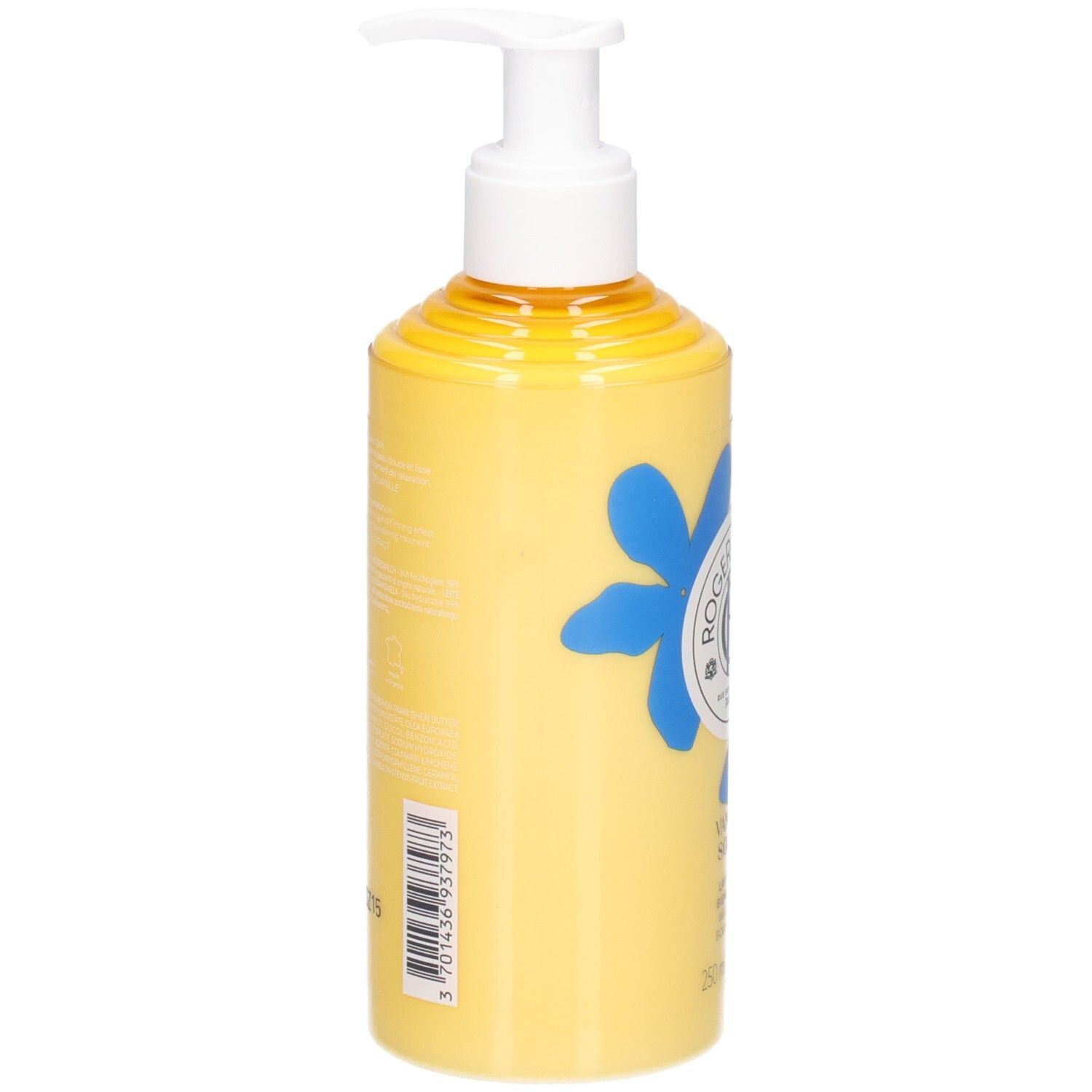 Gelbe Flasche mit Pumpe. Aufdruck: Roger&Gallet, Vanille Soleil, Lait Corps Bienfaisant. Rückseite mit Text.
