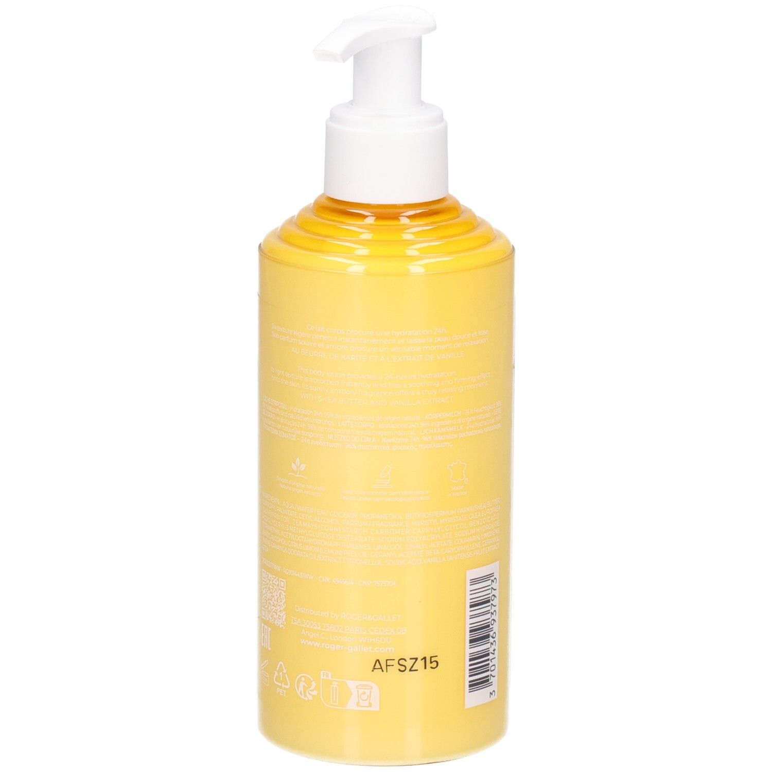 Gelbe Flasche mit Pumpe. Rückseite mit Text und Barcode. Aufdruck: AFSZ15.