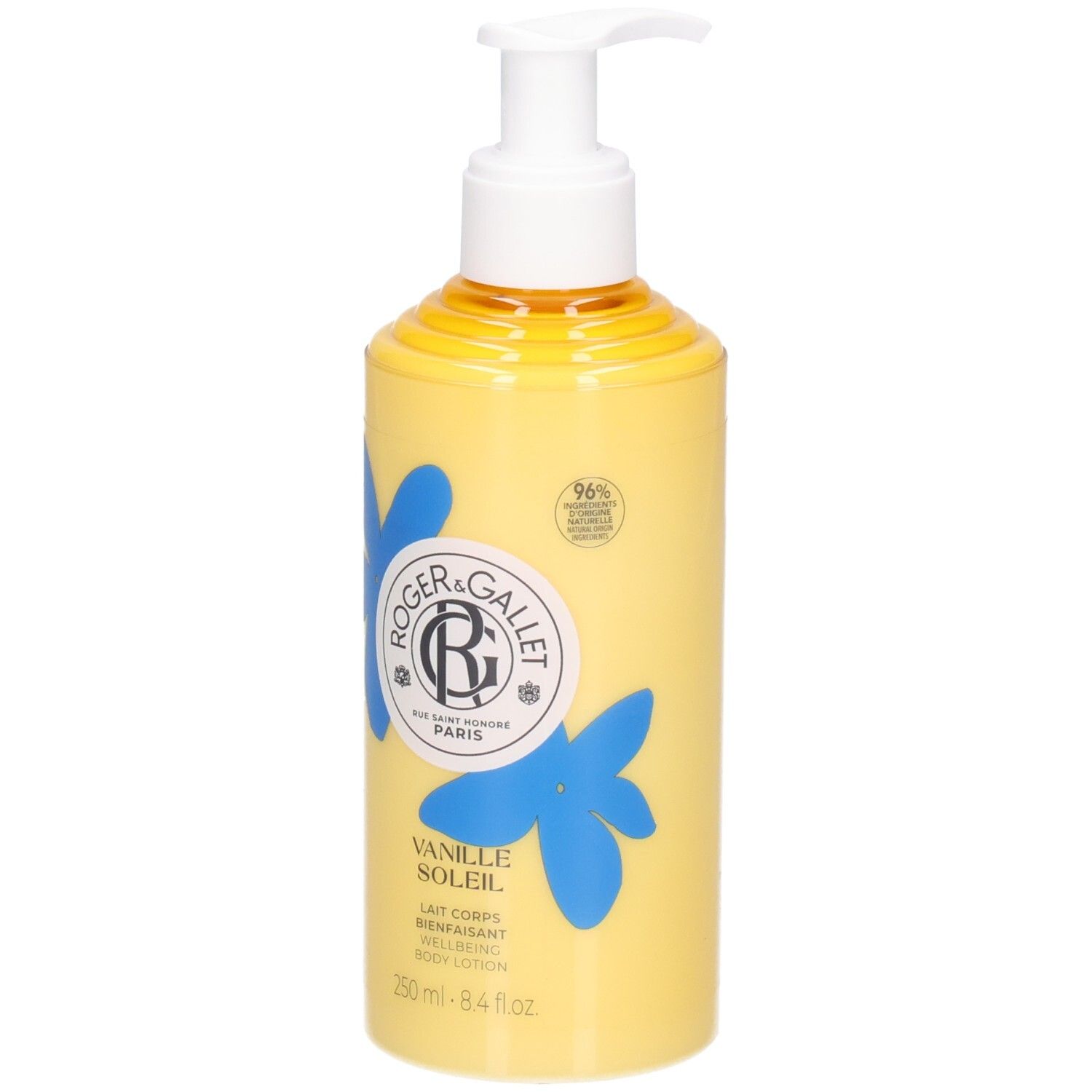 Gelbe Flasche mit Pumpe. Aufdruck: Roger&Gallet, Vanille Soleil, Lait Corps Bienfaisant. Blaue Blumen.