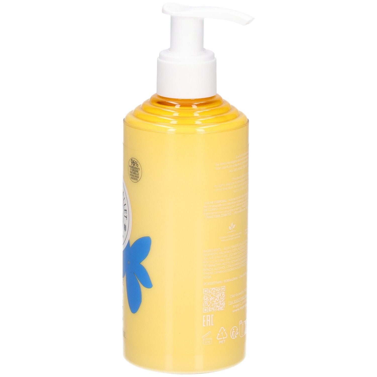 Gelbe Flasche mit Pumpe. Aufdruck: Roger&Gallet, Vanille Soleil, Lait Corps Bienfaisant. Blaue Blumen.