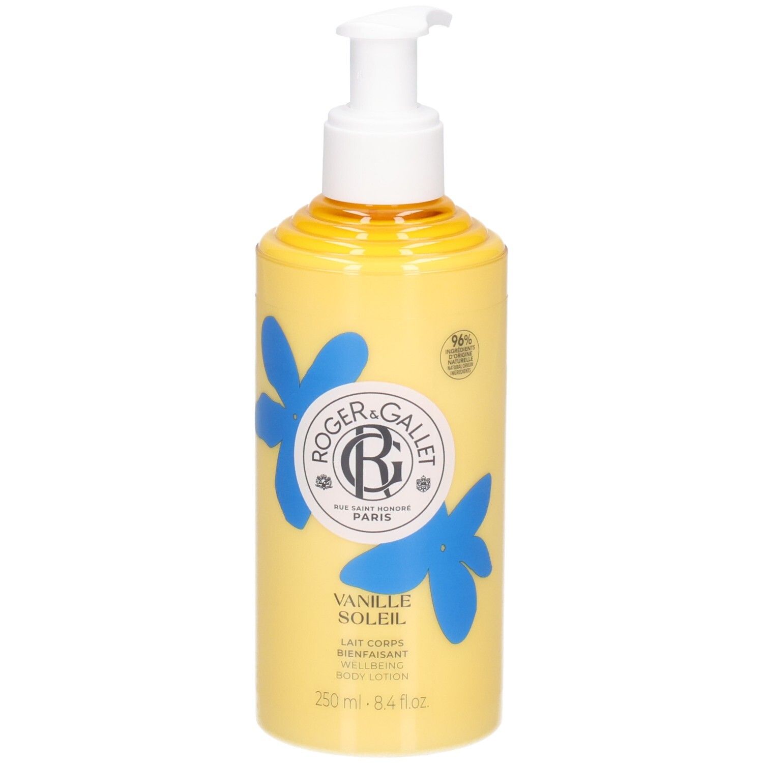 Gelbe Flasche mit Pumpe. Aufdruck: Roger&Gallet, Vanille Soleil, Lait Corps Bienfaisant. Blaue Blumen.