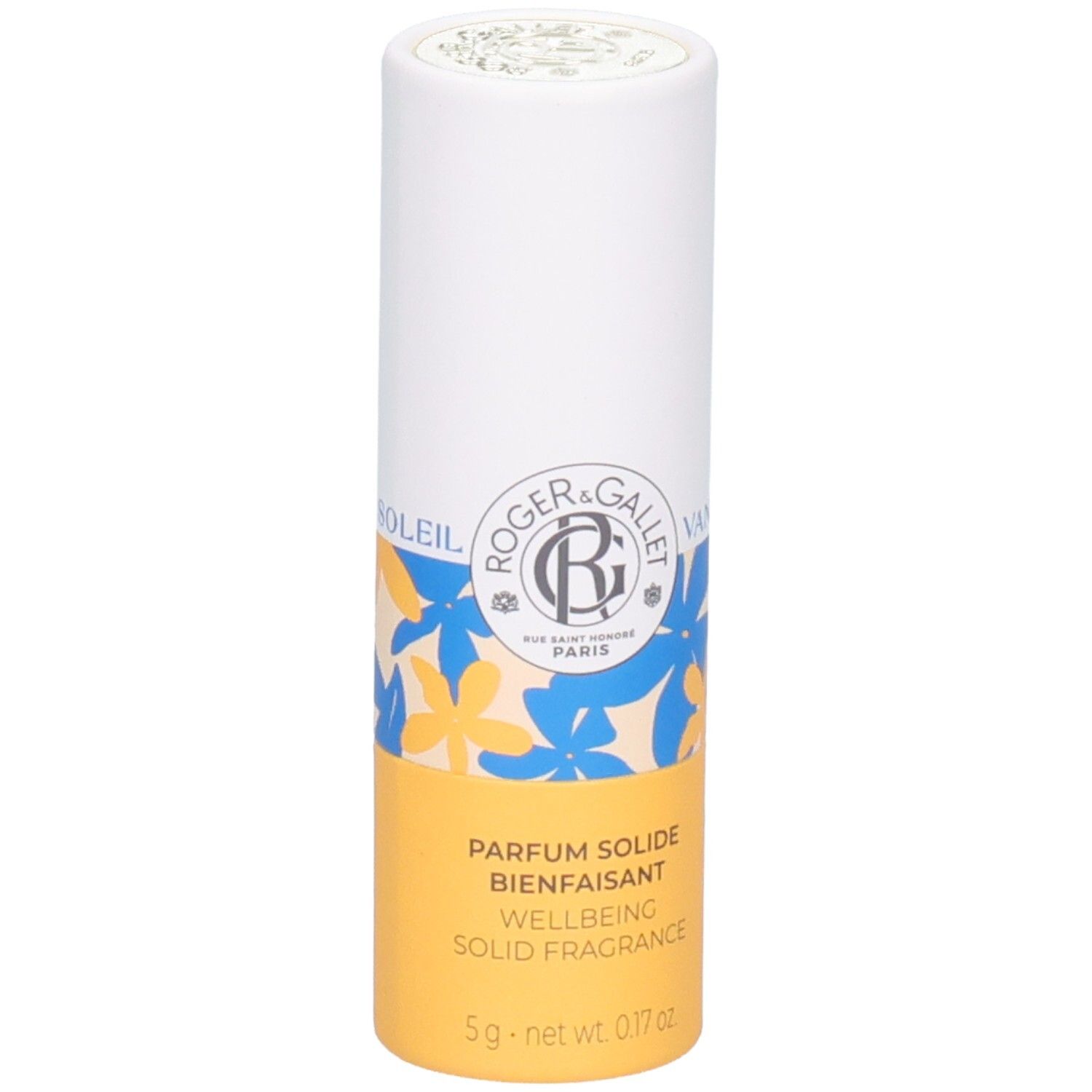 Zylindrische Verpackung. Aufschrift: Roger & Gallet, Parfum Solide Bienfaisant, Wellbeing Solid Fragrance.
