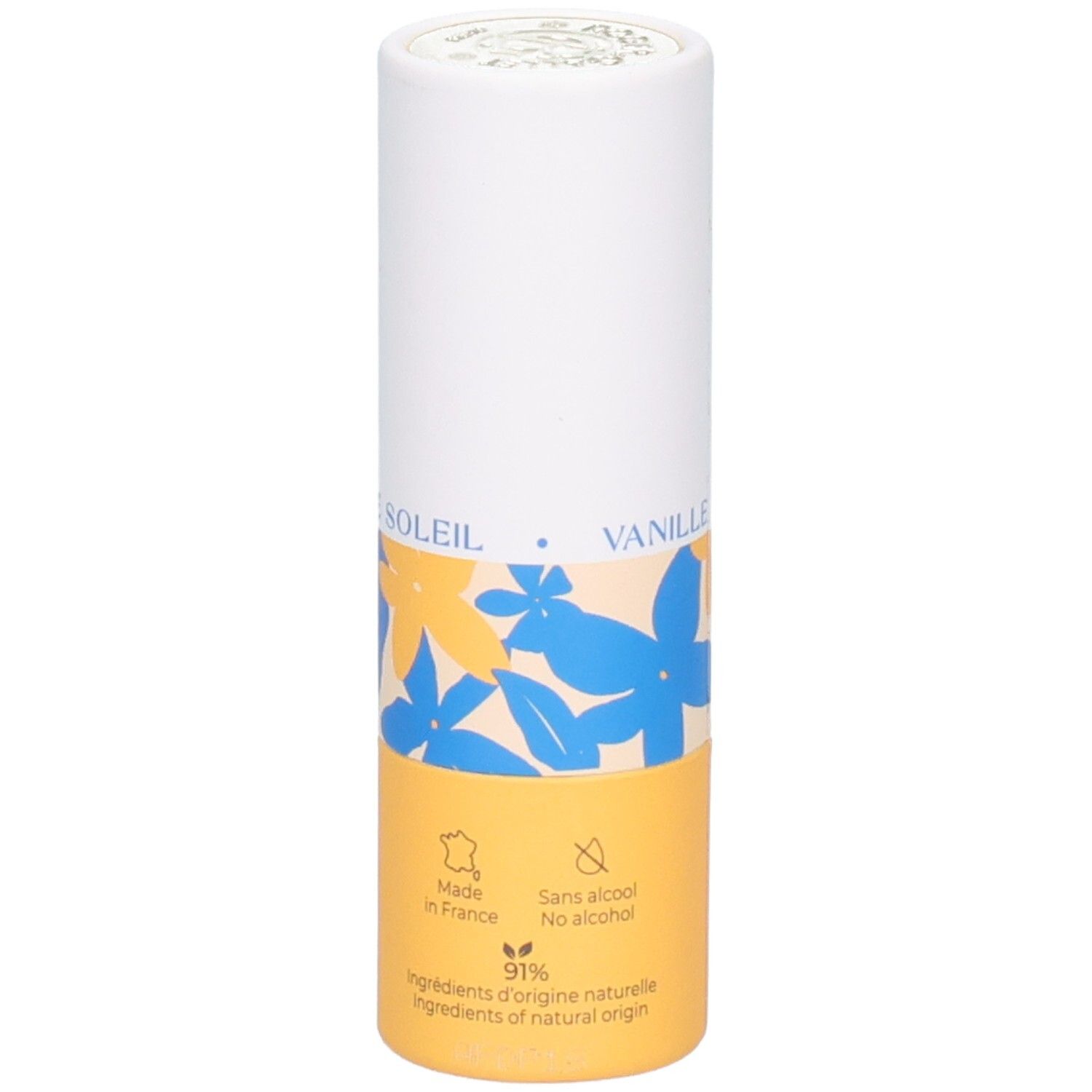 Zylindrische Verpackung. Aufschrift: Vanille Soleil, 91% Inhaltsstoffe natürlichen Ursprungs, Made in France.