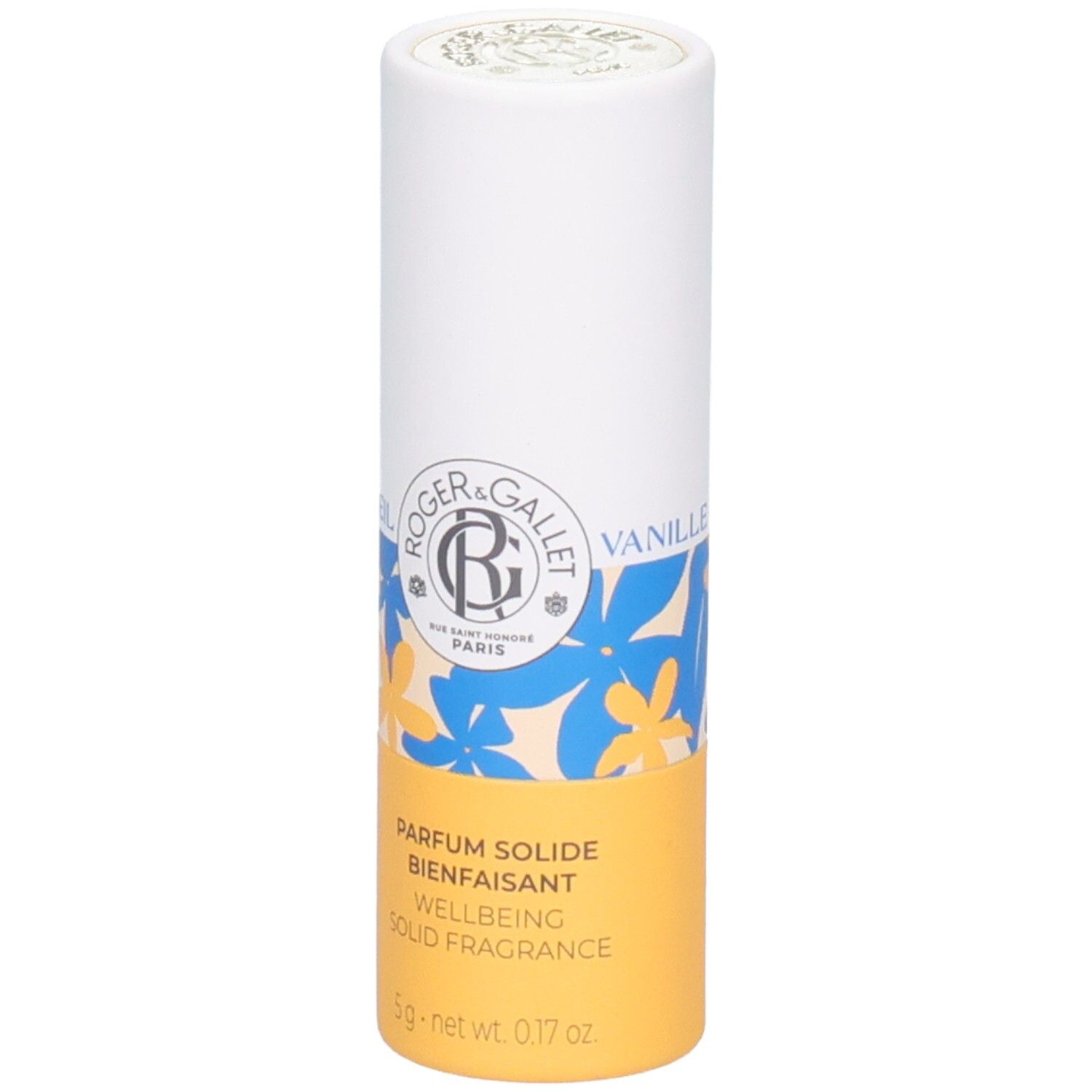 Zylindrische Verpackung. Aufschrift: Roger & Gallet, Parfum Solide Bienfaisant, Wellbeing Solid Fragrance, 5g.