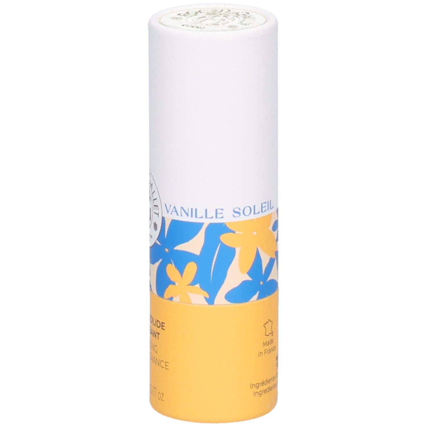 Zylindrische Verpackung. Aufschrift: Vanille Soleil, Parfum Solide Bienfaisant, Wellbeing Solid Fragrance, 5g.
