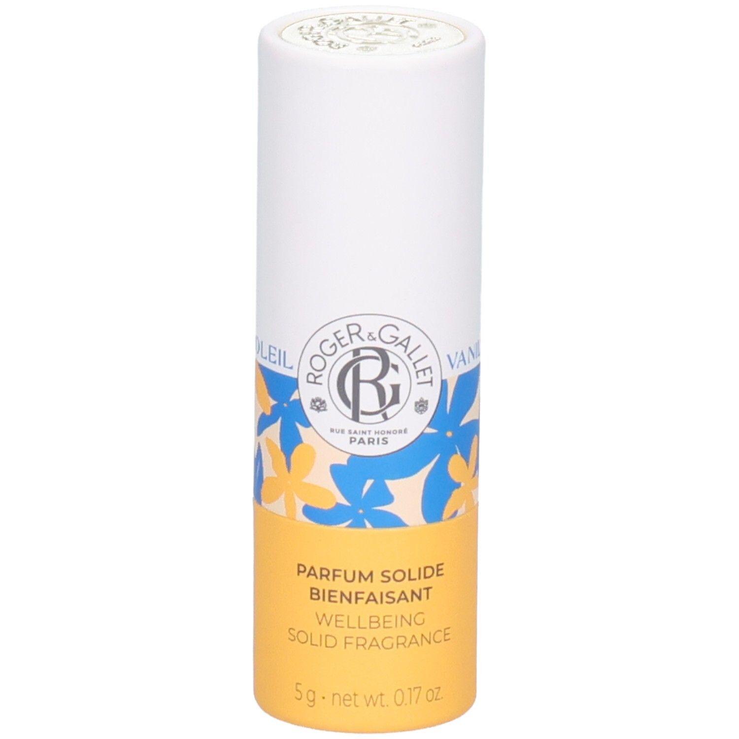 Zylindrische Verpackung. Aufschrift: Roger & Gallet, Parfum Solide Bienfaisant, Wellbeing Solid Fragrance, 5g.