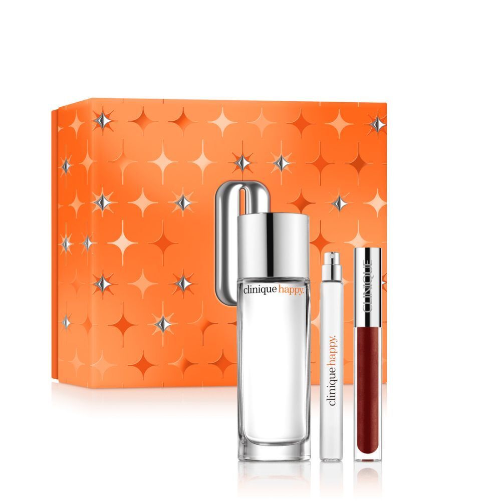 Coffret Clinique Happy. Flacon, vaporisateur et gloss. Emballage orange avec motif étoiles.