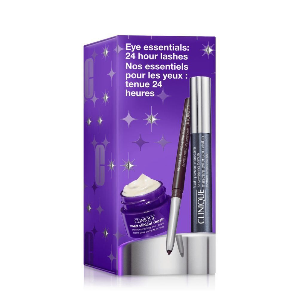 Coffret Clinique Eye Essential. Emballage violet avec mascara, eyeliner et crème pour les yeux. Noms de produits et étoiles décoratives.