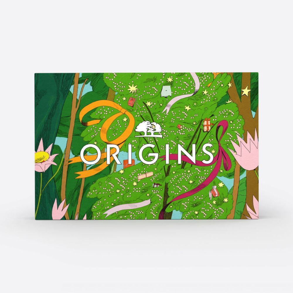Emballage au design vert avec logo. Inscription : Origins. Contient quatre tubes de masques faciaux.