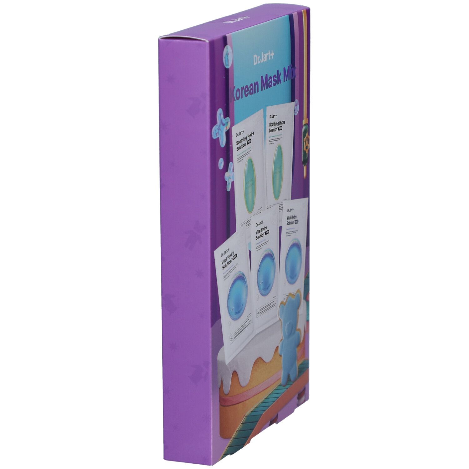 Boîte violette avec masques. Inscription: Korean Mask Mix. Vue latérale avec sachets de masques.