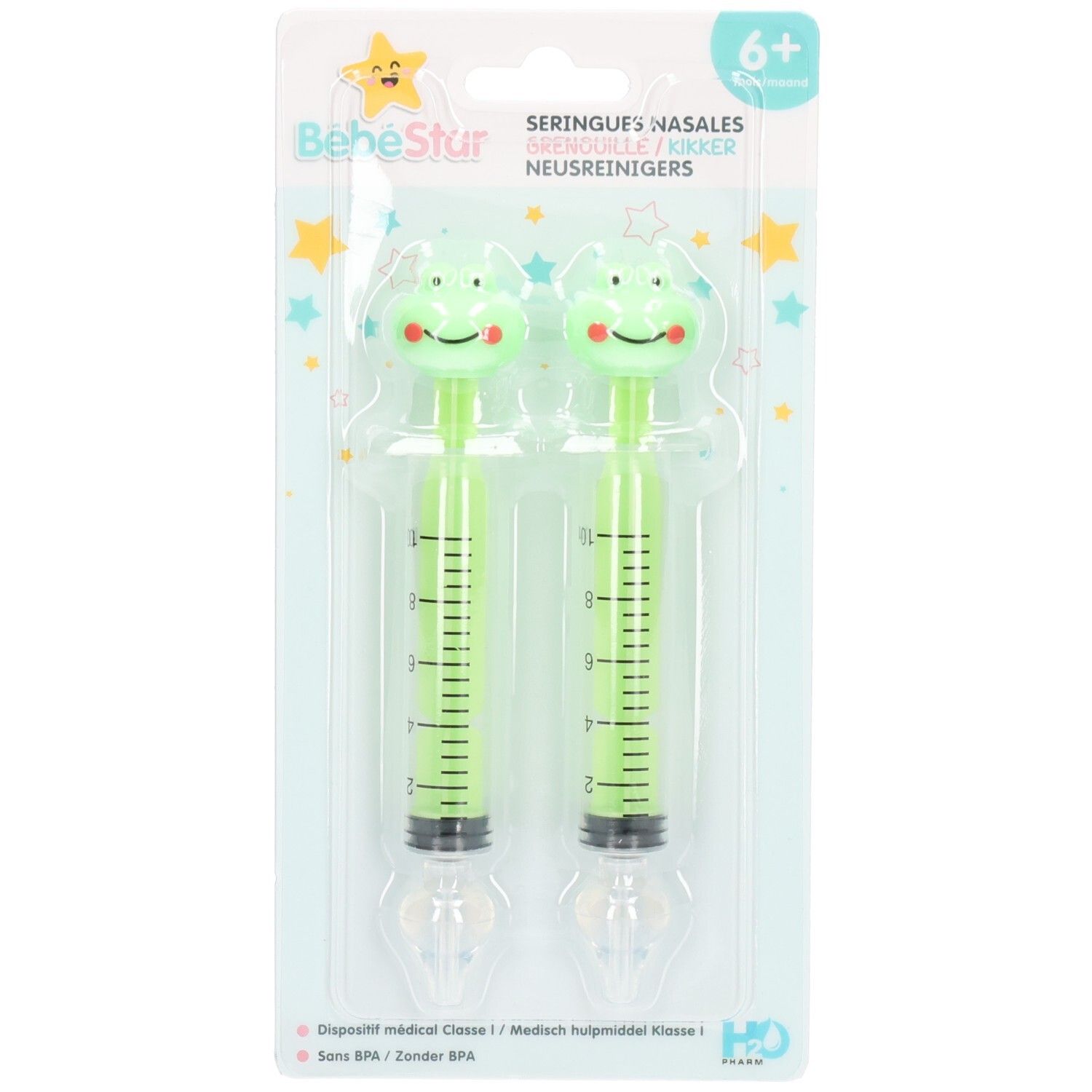Zwei grüne Nasenspülspritzen mit Froschdesign, 10ml Skala, BPA-frei.