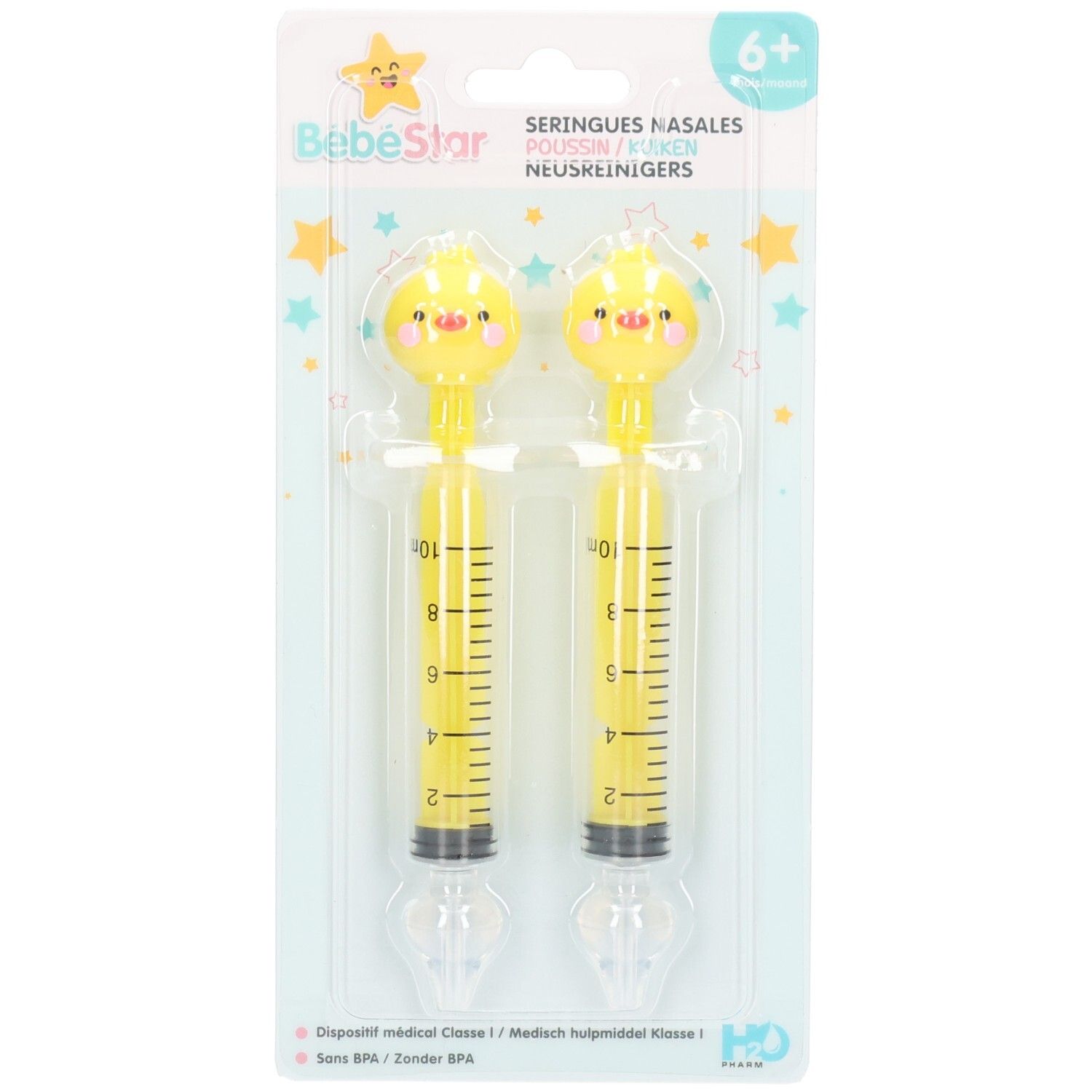 Zwei gelbe Nasenspülungen mit Küken-Design. Skala in ml. Verpackung mit Produktnamen und Altersangabe.
