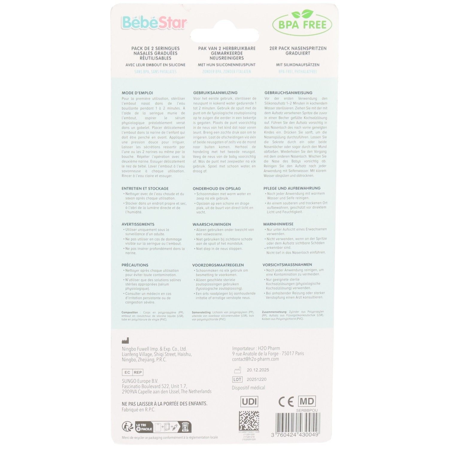 Rückseite der Verpackung. Text in mehreren Sprachen. BPA-frei-Logo. Informationen zu Hersteller und Importeur.