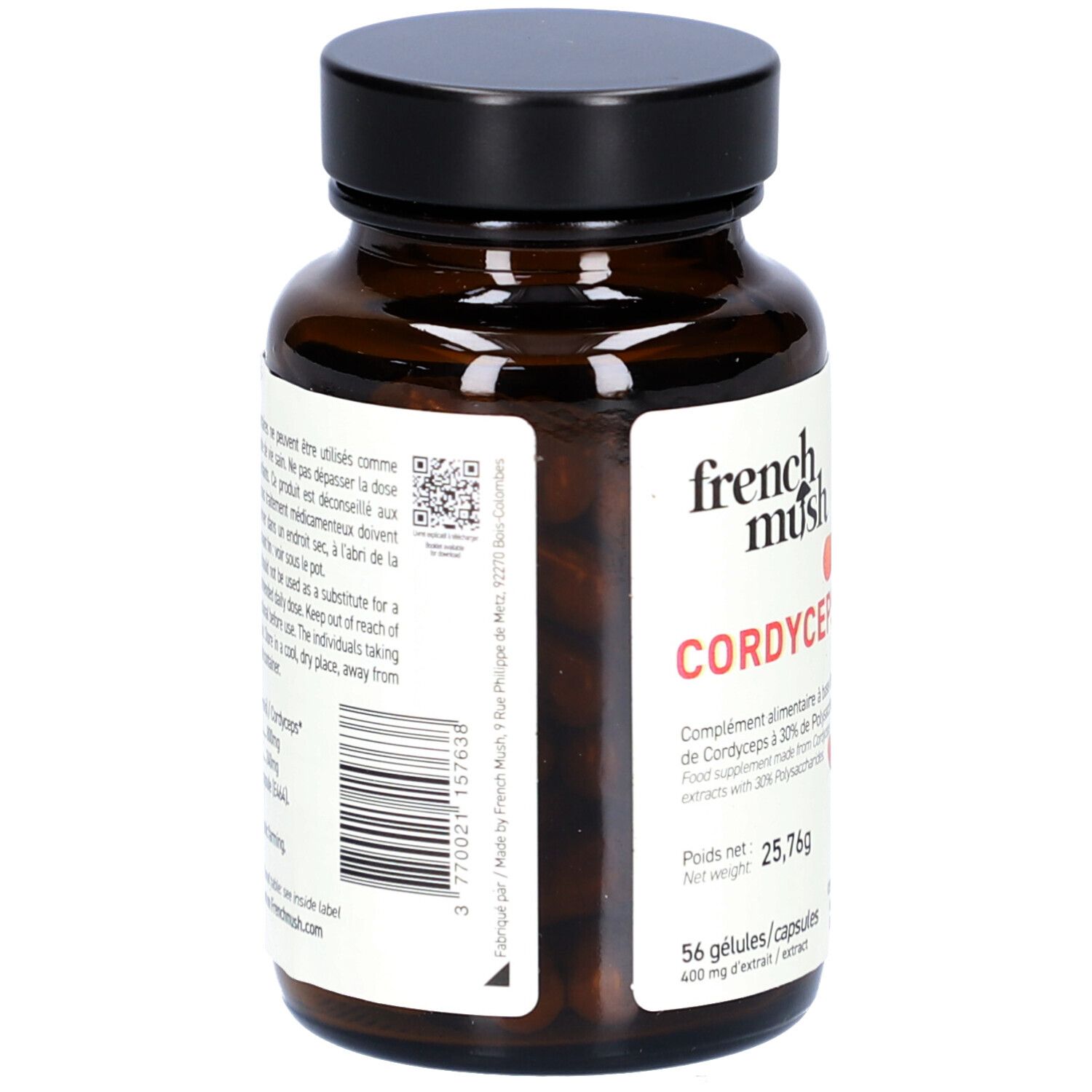 Braune Glasflasche mit schwarzen Deckel. Etikett mit Text und Barcode. Enthält 56 Kapseln. Gewicht 25,76g. Hergestellt in Frankreich.