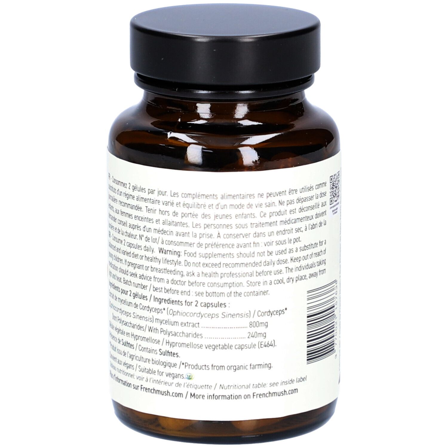 Braune Glasflasche mit schwarzen Deckel. Etikett mit Text. Enthält 56 Kapseln. Zutatenliste und Nährwerttabelle. Für Veganer geeignet.