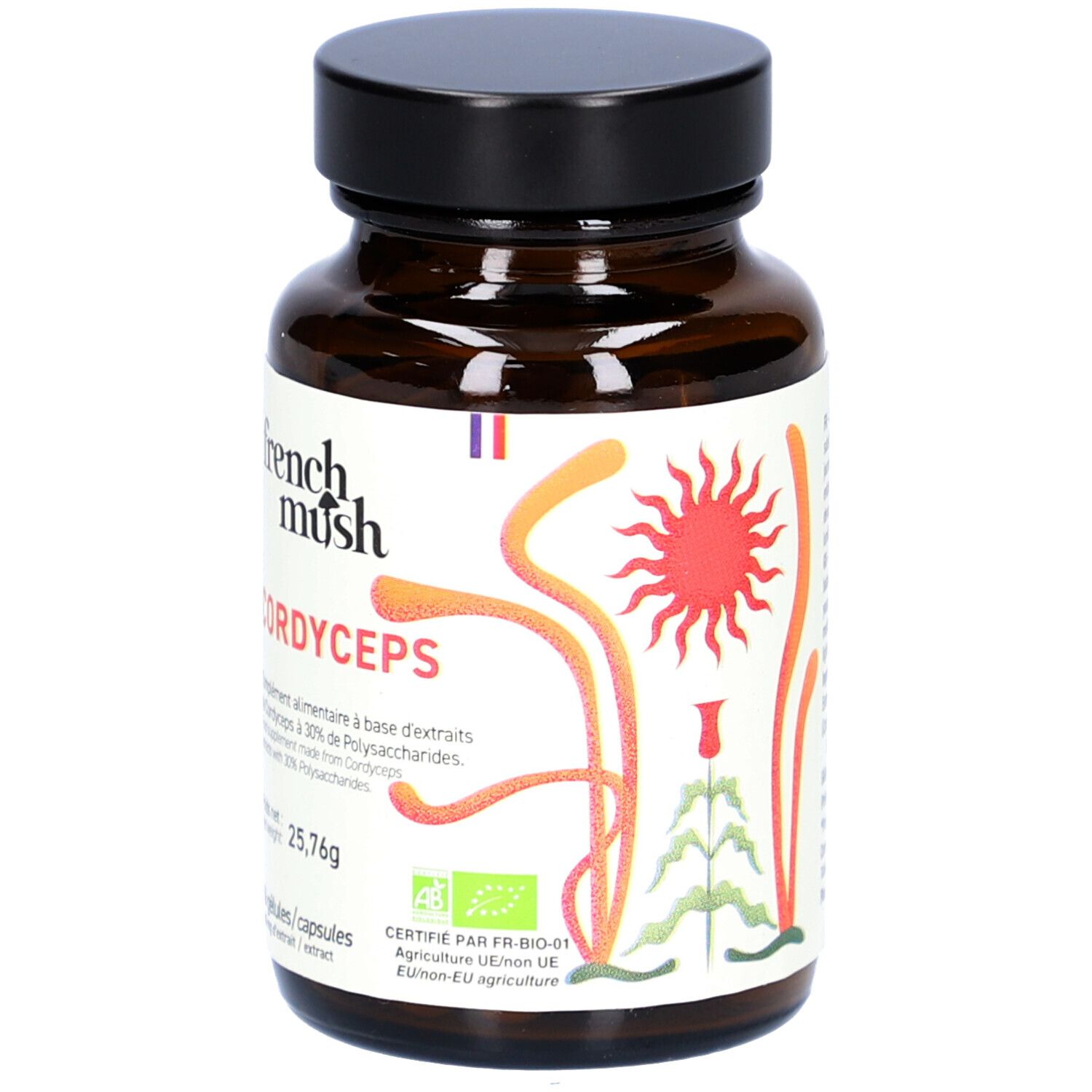 Braune Glasflasche mit schwarzen Deckel. Etikett mit "French Mush Cordyceps". 56 Kapseln, 400 mg Extrakt. AB-Zertifizierung.