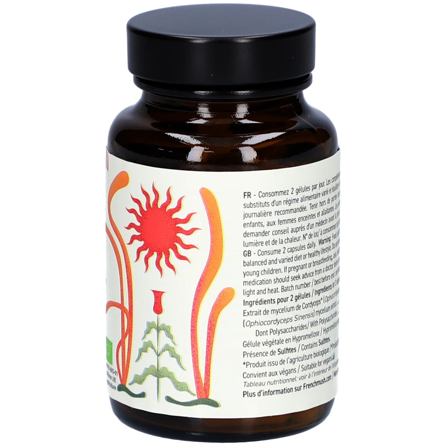 Braune Glasflasche mit schwarzen Deckel. Etikett mit Text. Enthält 56 Kapseln. Zutatenliste und Nährwerttabelle. Für Veganer geeignet.