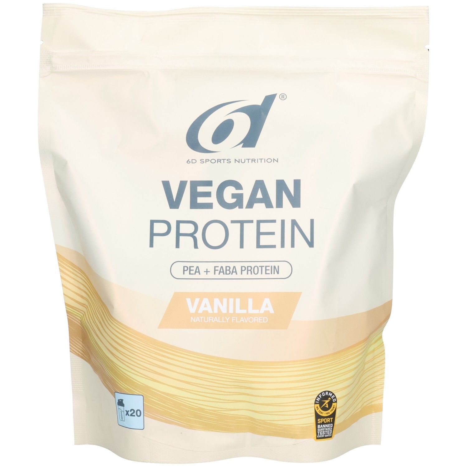 Beutel mit 6D Sports Nutrition Vegan Protein. Aufschrift: Vegan Protein, Vanille. Enthält Erbsen- und Favabohnenprotein. Mit Logo.