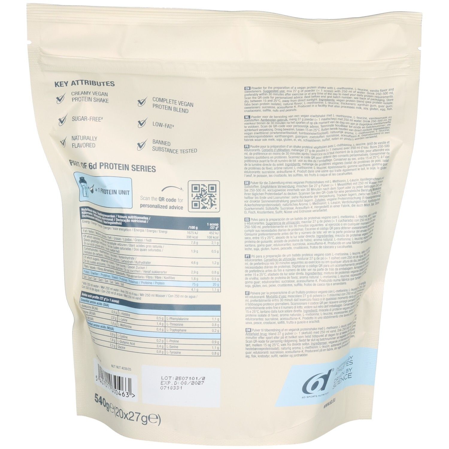 Rückseite des Beutels. Enthält Informationen zu Inhaltsstoffen und Nährwerten. Mit Logo und QR-Code. Aufschrift: Vegan Protein Series.