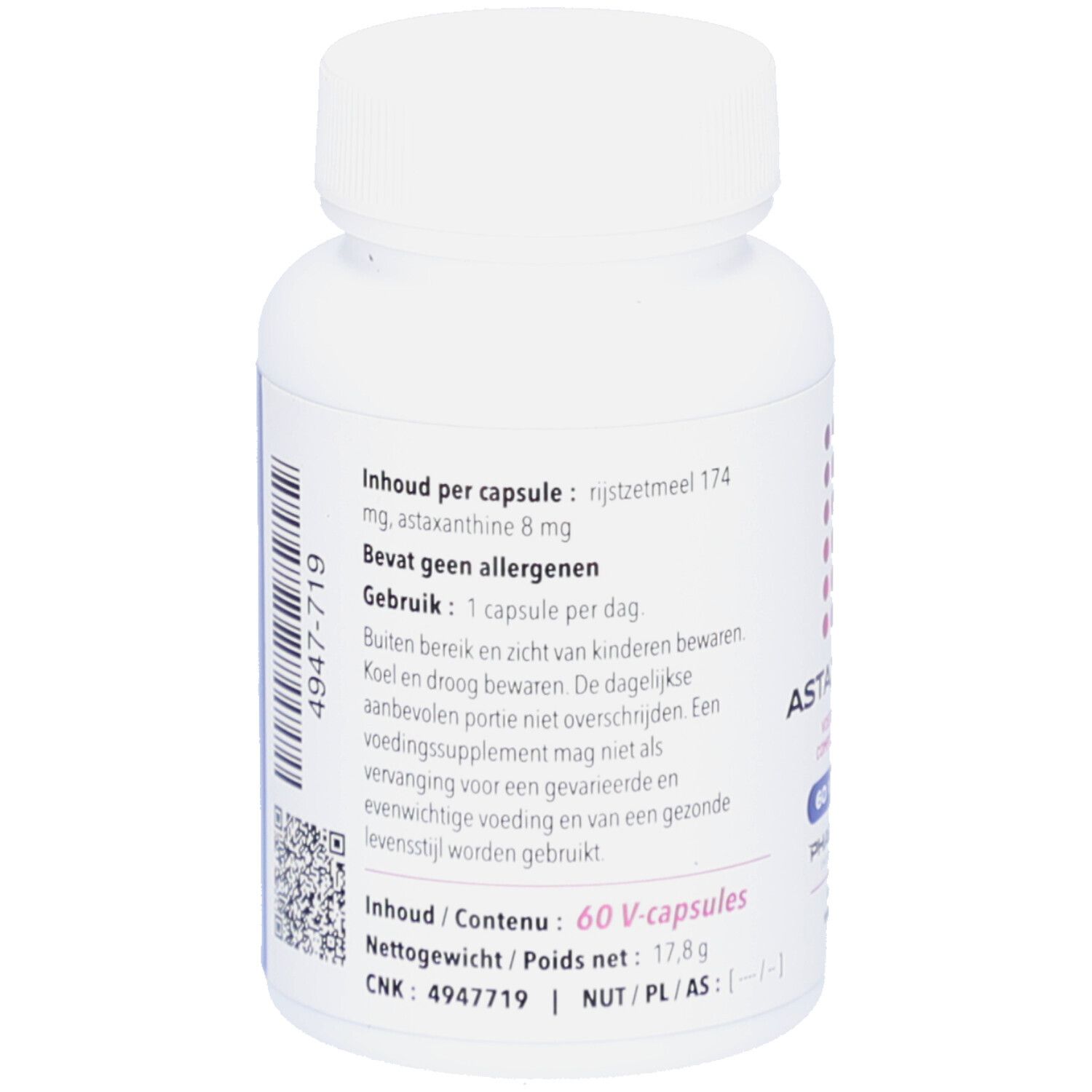 Rückseite der weißen Flasche mit Informationen. Enthält: 60 V-Kapseln, 17,8g. Inhaltsstoffe, Gebrauchsanweisung.