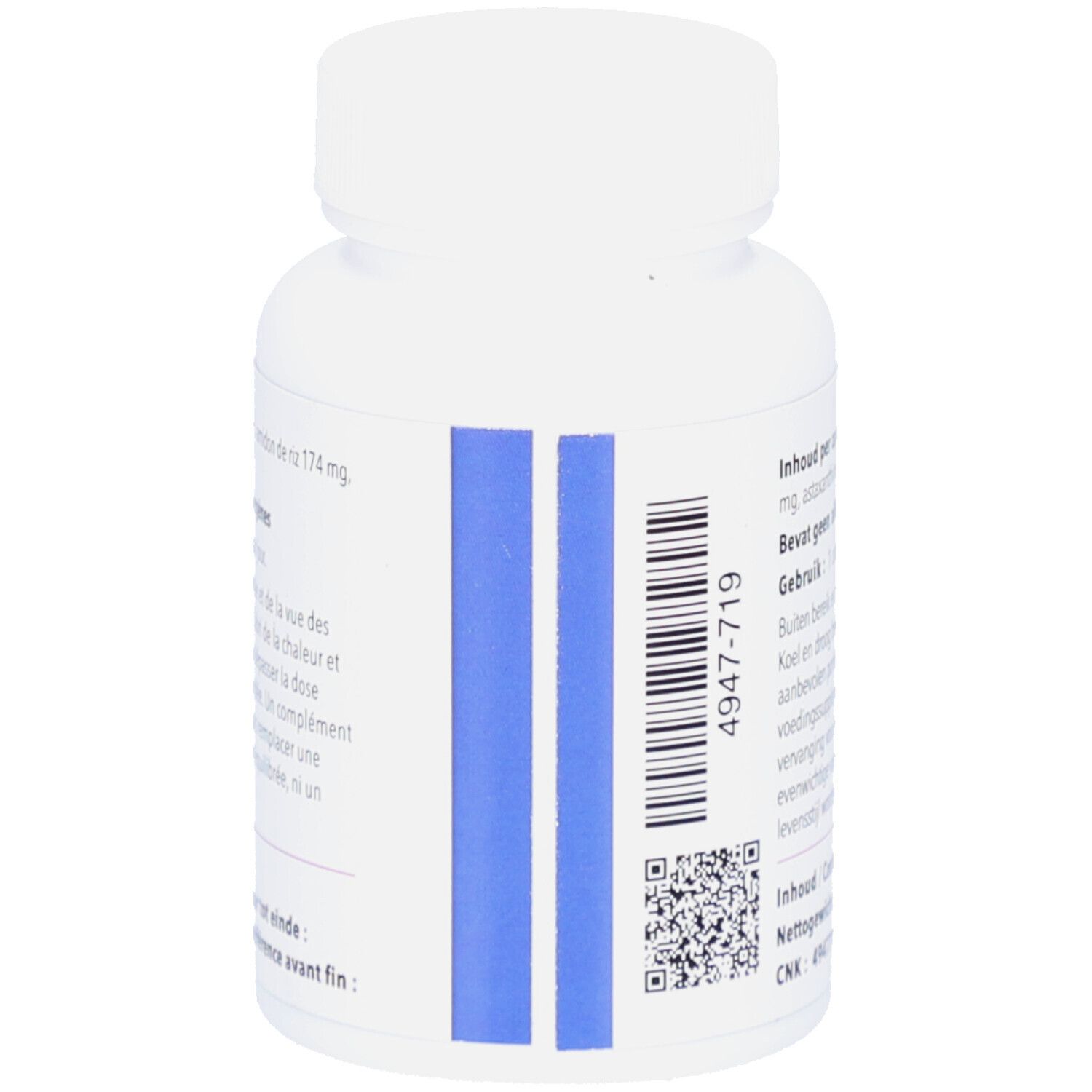 Rückseite der weißen Flasche mit blauem Streifen und Barcode. Informationen über Inhaltsstoffe und Gebrauch.