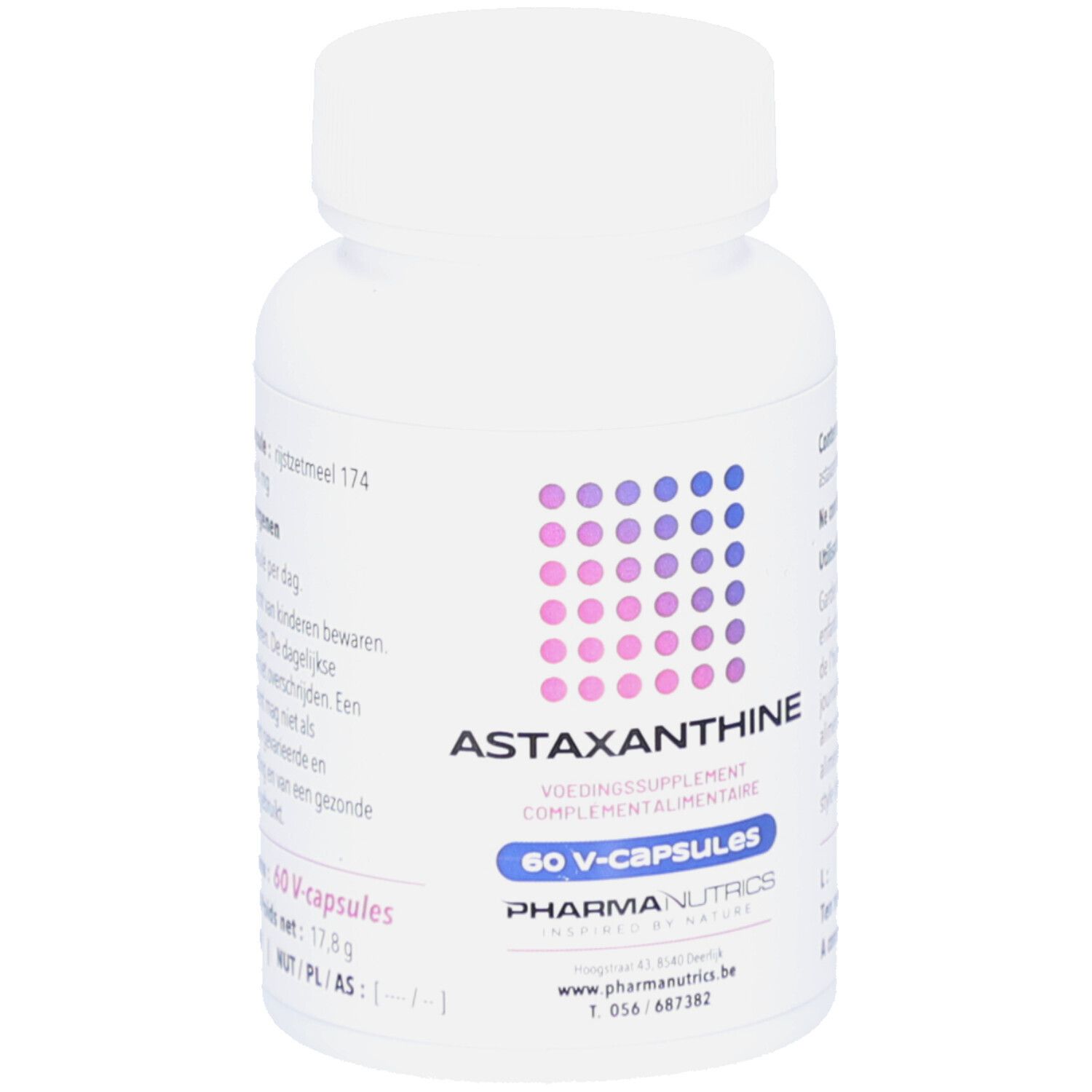 Weiße Flasche mit Astaxanthin-Kapseln. Aufschrift: Astaxanthine, 60 V-capsules, Pharma Nutrics.