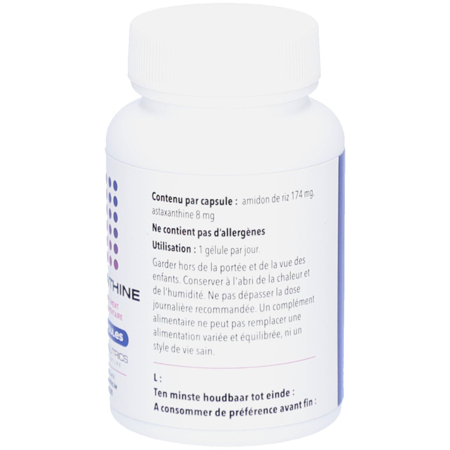 Rückseite der weißen Flasche mit Informationen. Enthält: 60 V-Kapseln. Inhaltsstoffe, Gebrauchsanweisung.