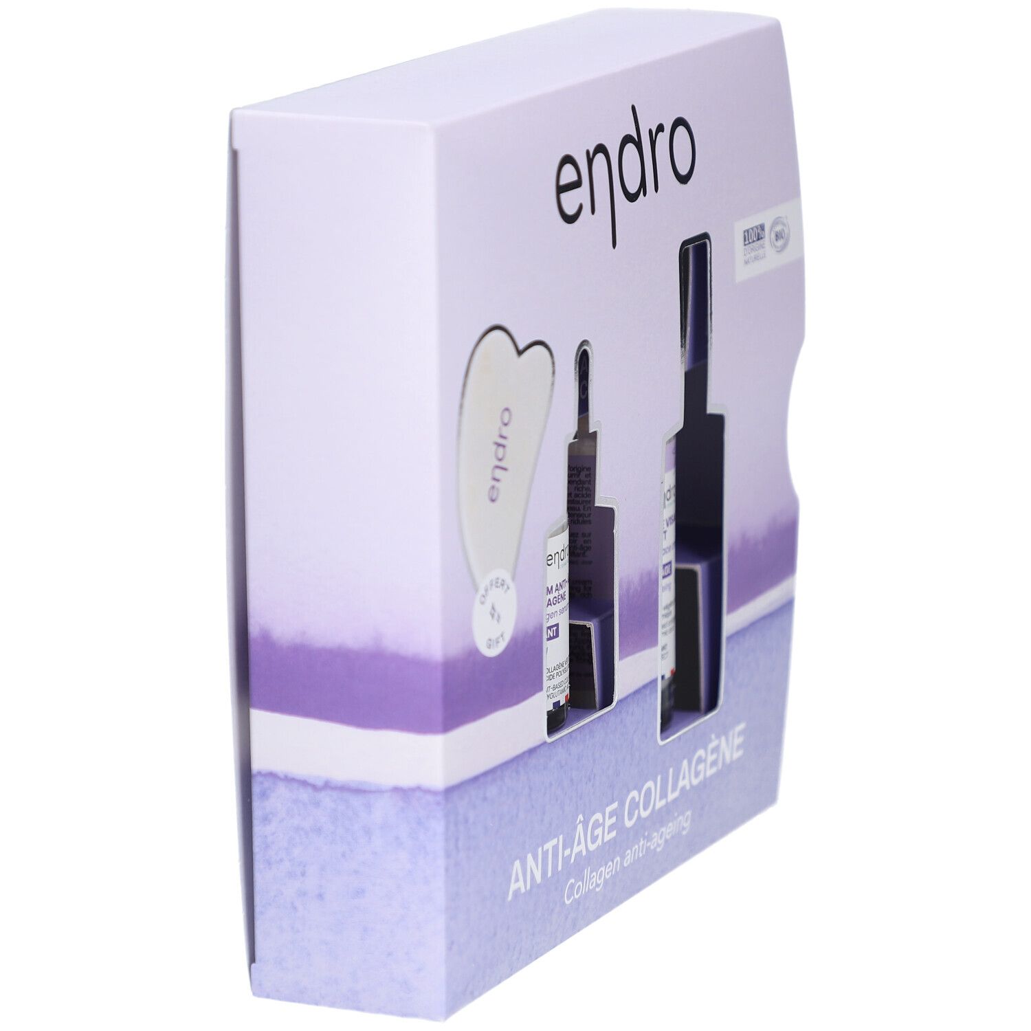 Geschenkset mit Serum, Nachtcreme und Gua Sha. Verpackung mit Produktnamen und Logo. Seitenansicht.